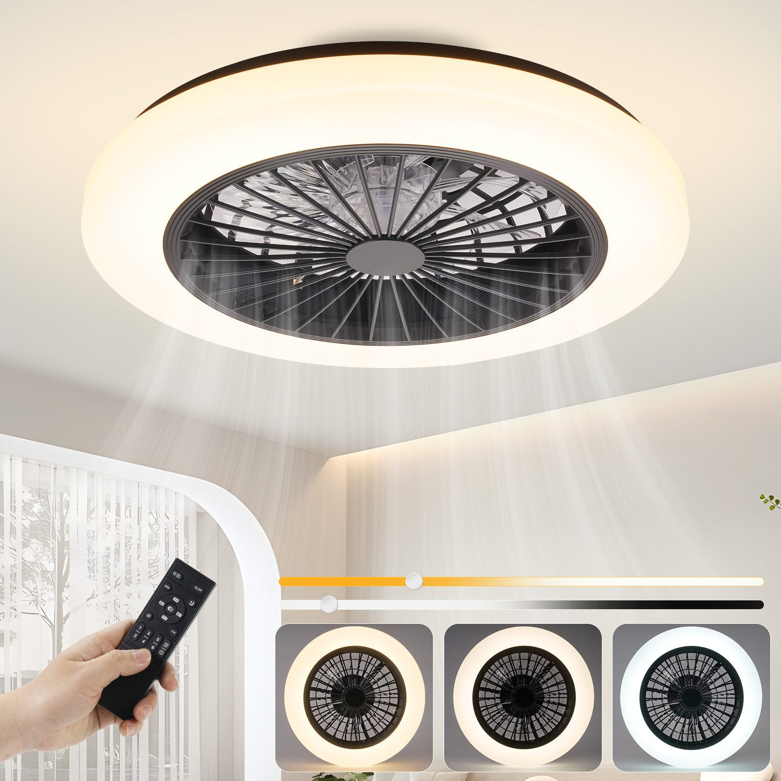 È mostrato un ventilatore da soffitto con luce. Una mano tiene un telecomando. Il ventilatore ha un centro nero con un anello bianco brillante.