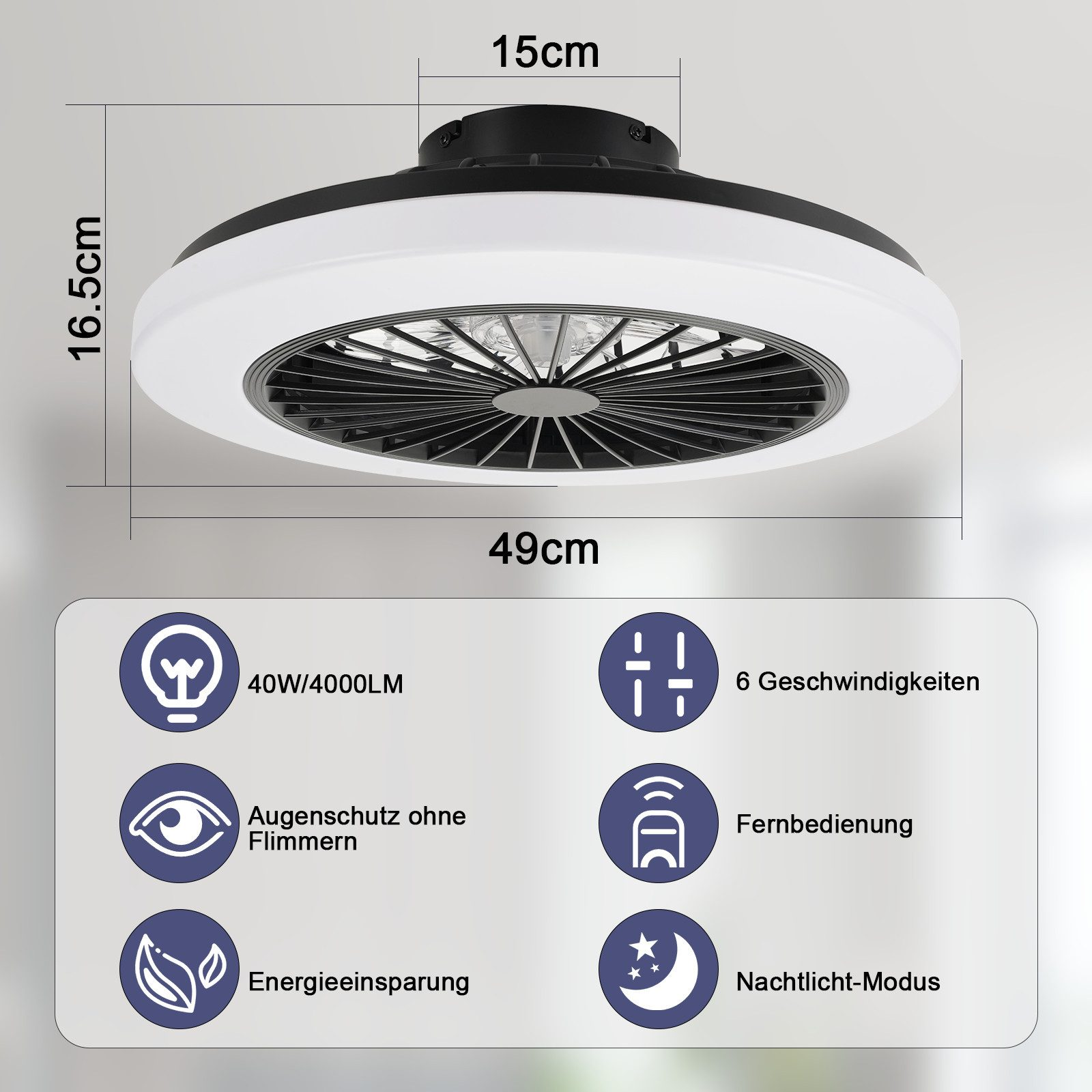 Ventilatore da soffitto con misure, caratteristiche e icone. Mostra 40W/4000LM, 6 velocità, telecomando, luce notturna.