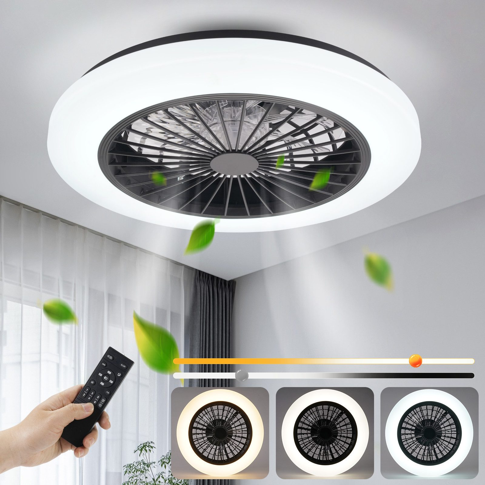 Ventilatore da soffitto con luce. Telecomando in mano. Foglie verdi che cadono. Opzioni di luce e controllo della luminosità visualizzati.