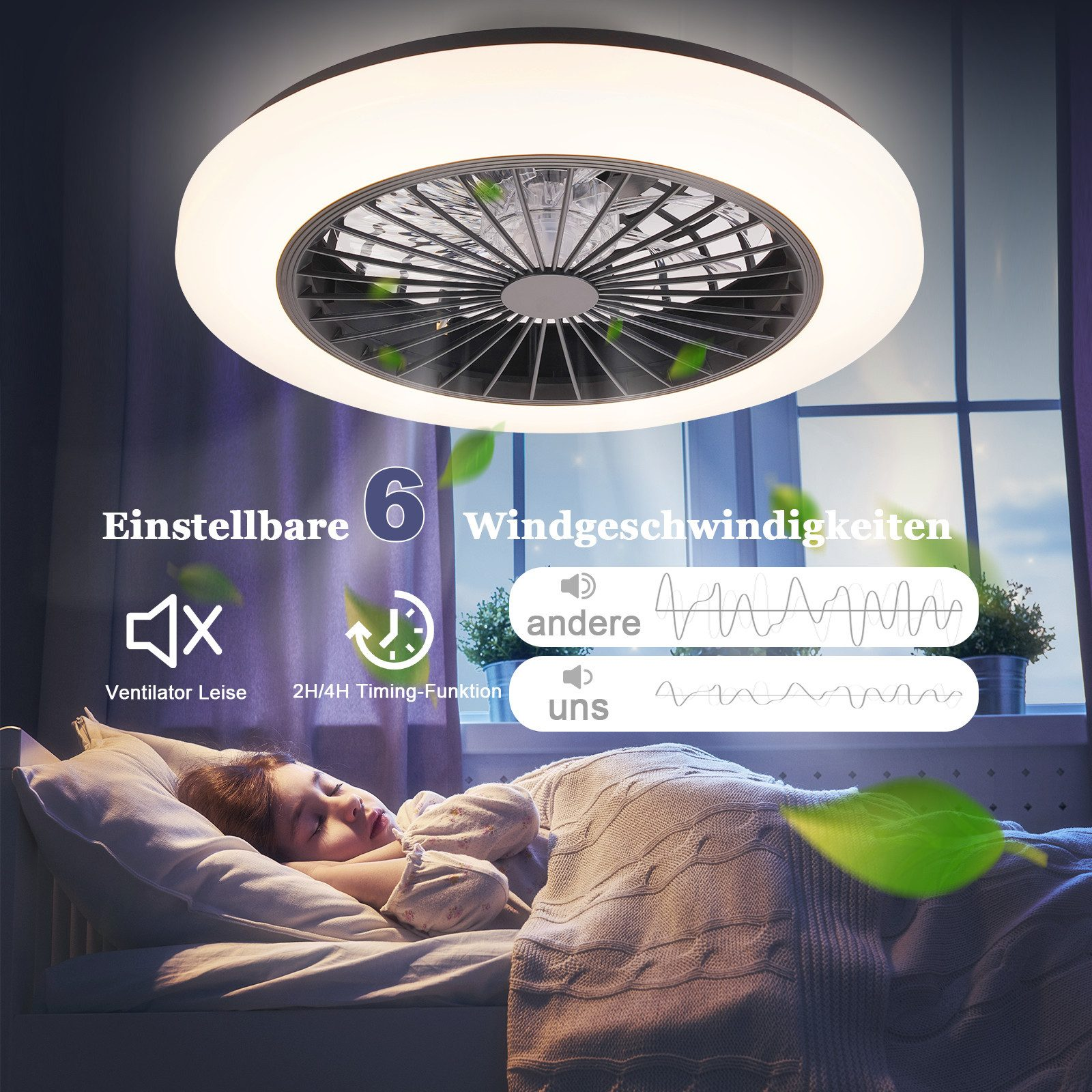 Una ragazza dorme sotto un ventilatore a soffitto con luce. Include velocità regolabili, modalità silenziosa e funzioni timer.