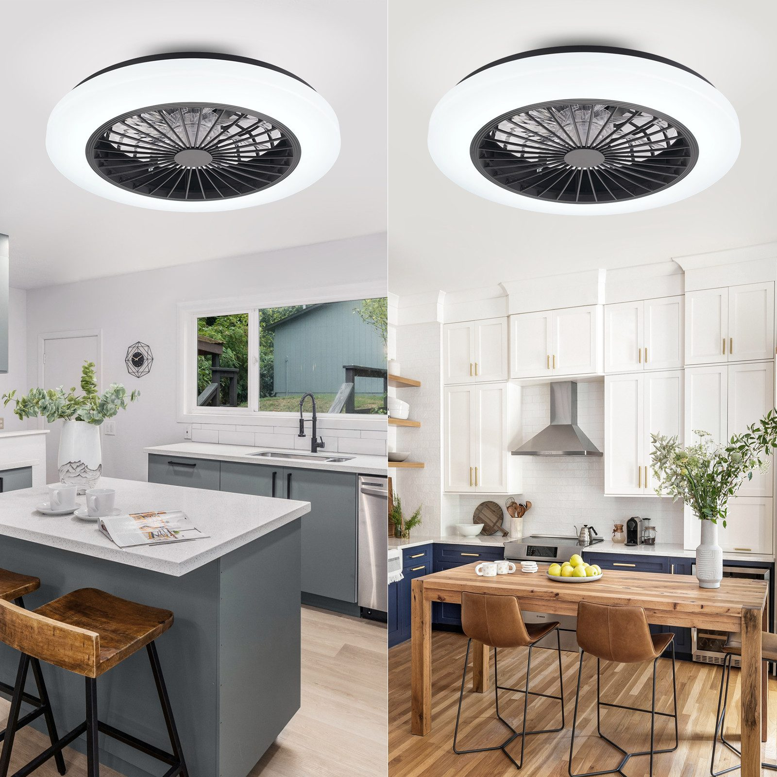 Due cucine, ognuna con un ventilatore a soffitto. Una ha un'isola grigia, l'altra un tavolo di legno. Entrambe hanno piante e una finestra.