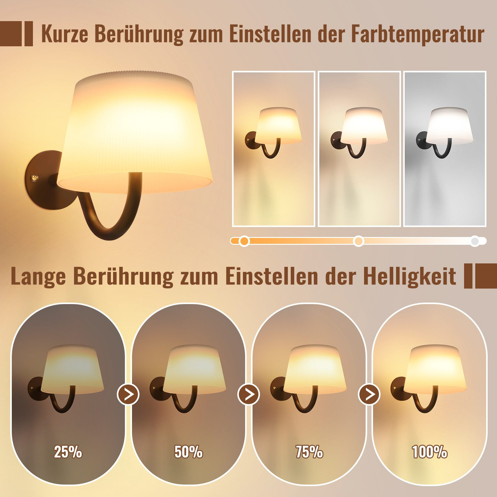 Una lampada da parete con luminosità e temperatura colore regolabili. L'immagine mostra diversi livelli di luminosità e temperature.