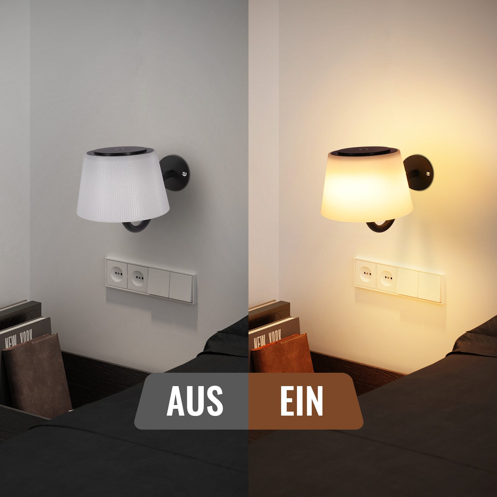 Lampa ścienna pokazana w dwóch stanach: wyłączona (lewa) i włączona (prawa). Lampa jest biała, z czarną podstawą.