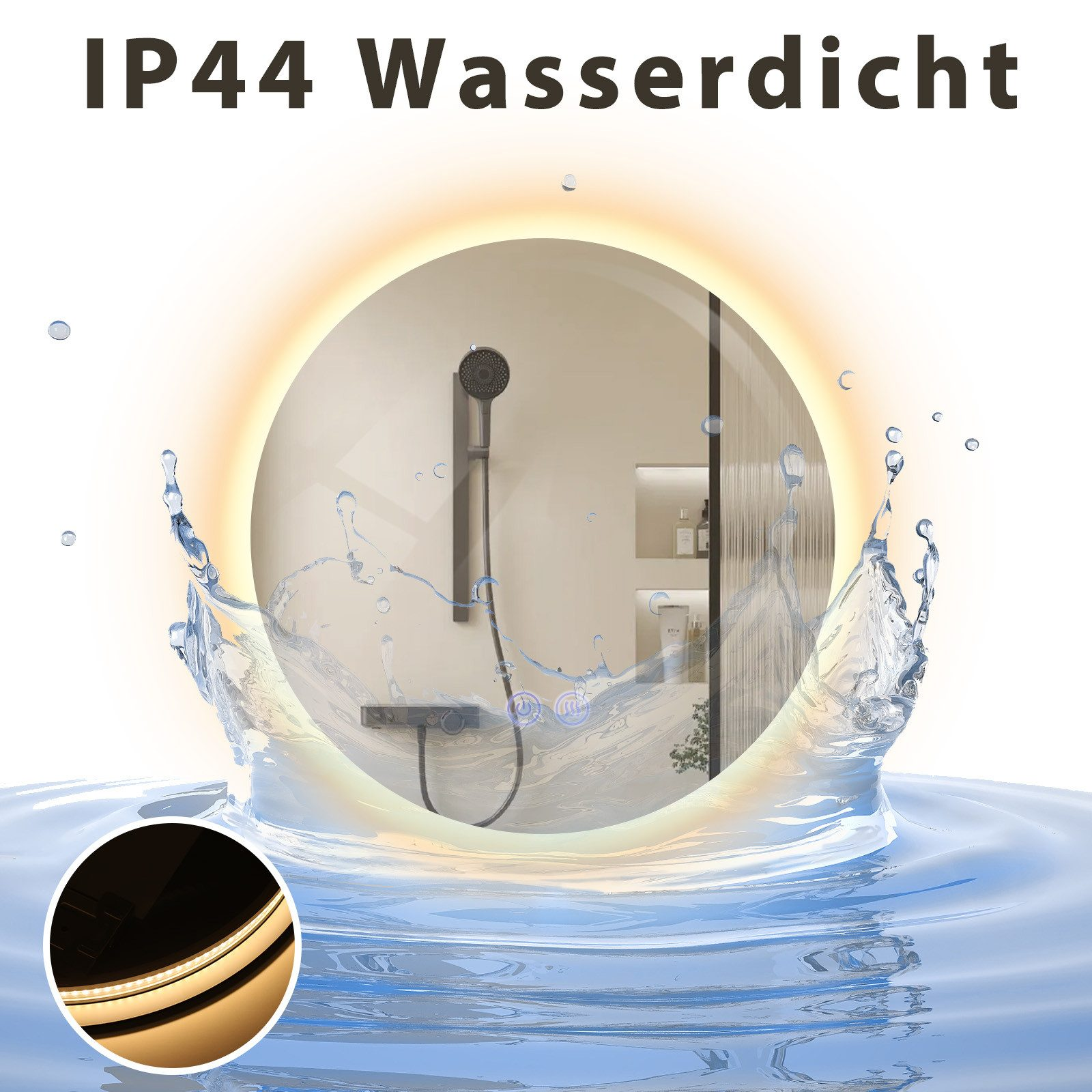 Immagine di uno specchio da bagno con soffione all'interno di schizzi d'acqua, con testo IP44 Wasserdicht.