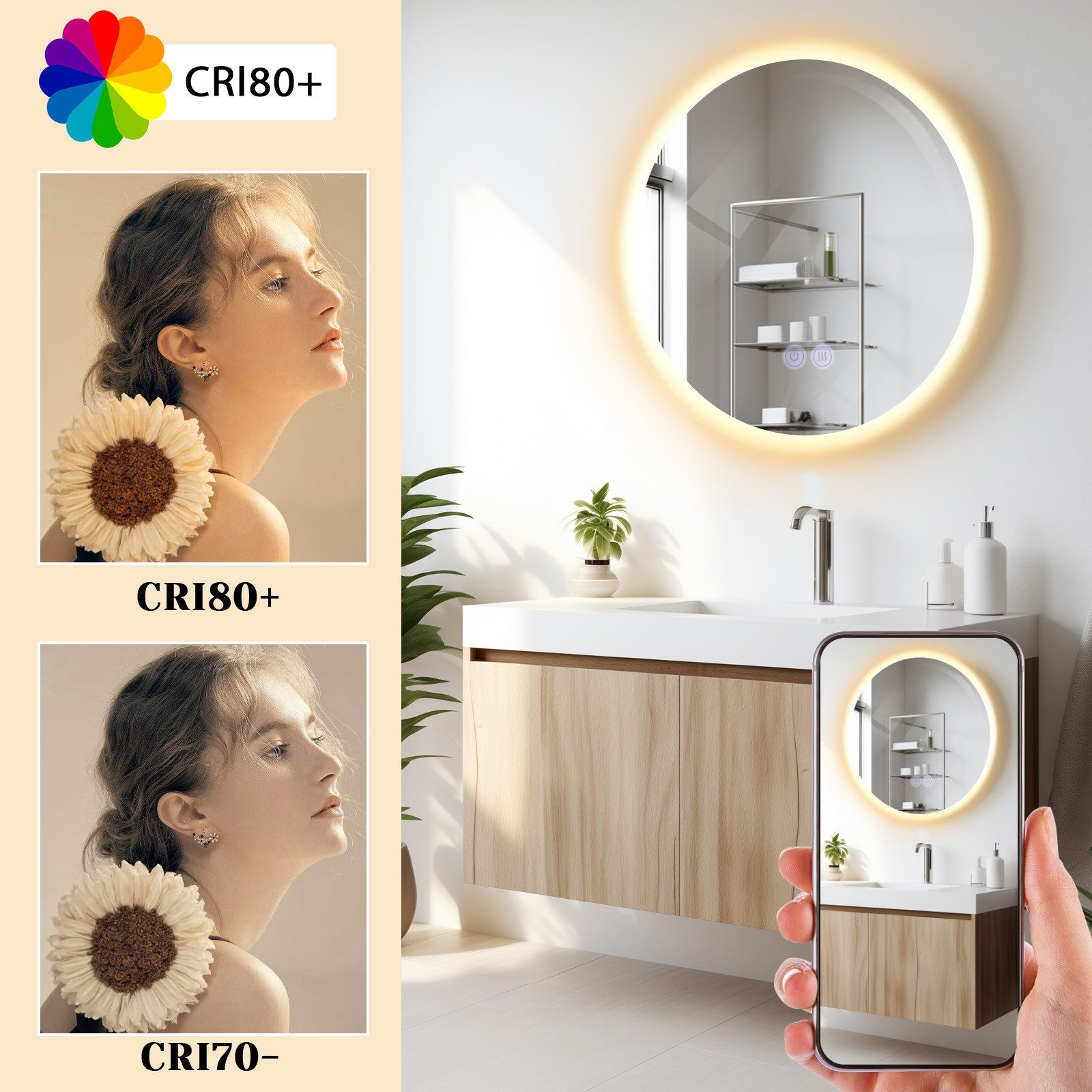 Scena bagno con specchio circolare illuminato. Mano tiene telefono con specchio e mobile. Donna con fiore.