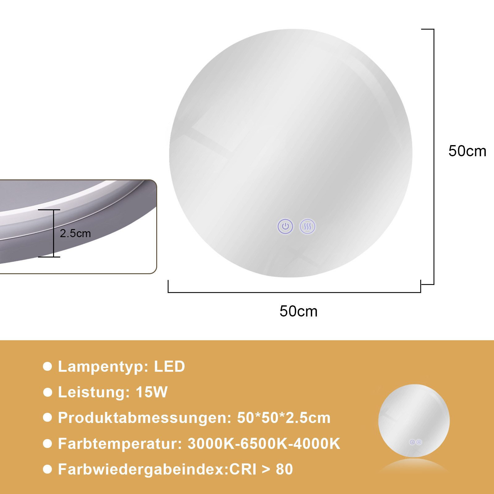 Uno specchio rotondo con comandi touch. Le dimensioni sono indicate. I dettagli includono il tipo LED, 15W di potenza e intervallo di temperatura colore.