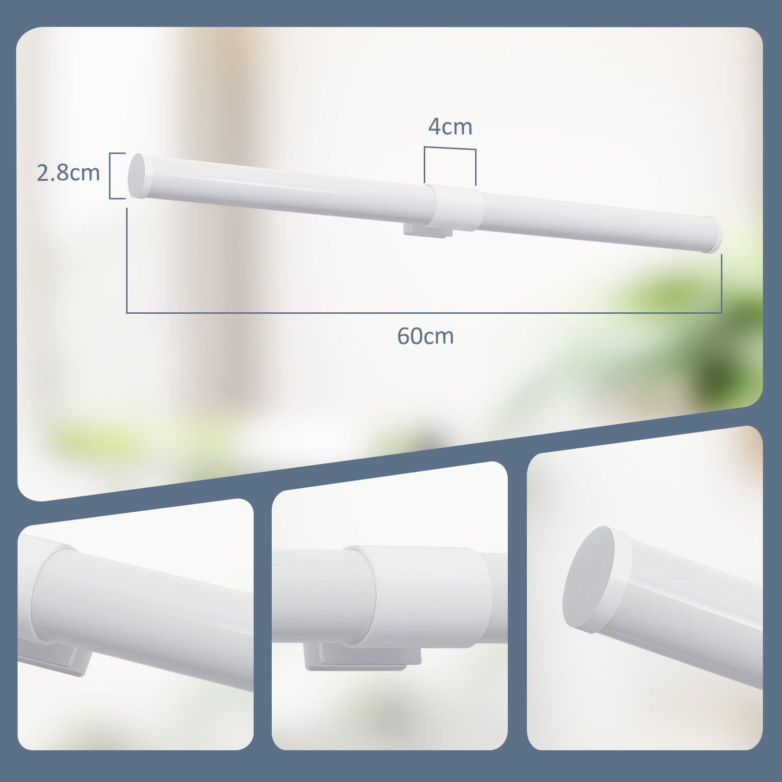 Un apparecchio luminoso bianco, cilindrico, con dimensioni etichettate. Dettagli: misure di 2,8 cm, 4 cm e 60 cm.