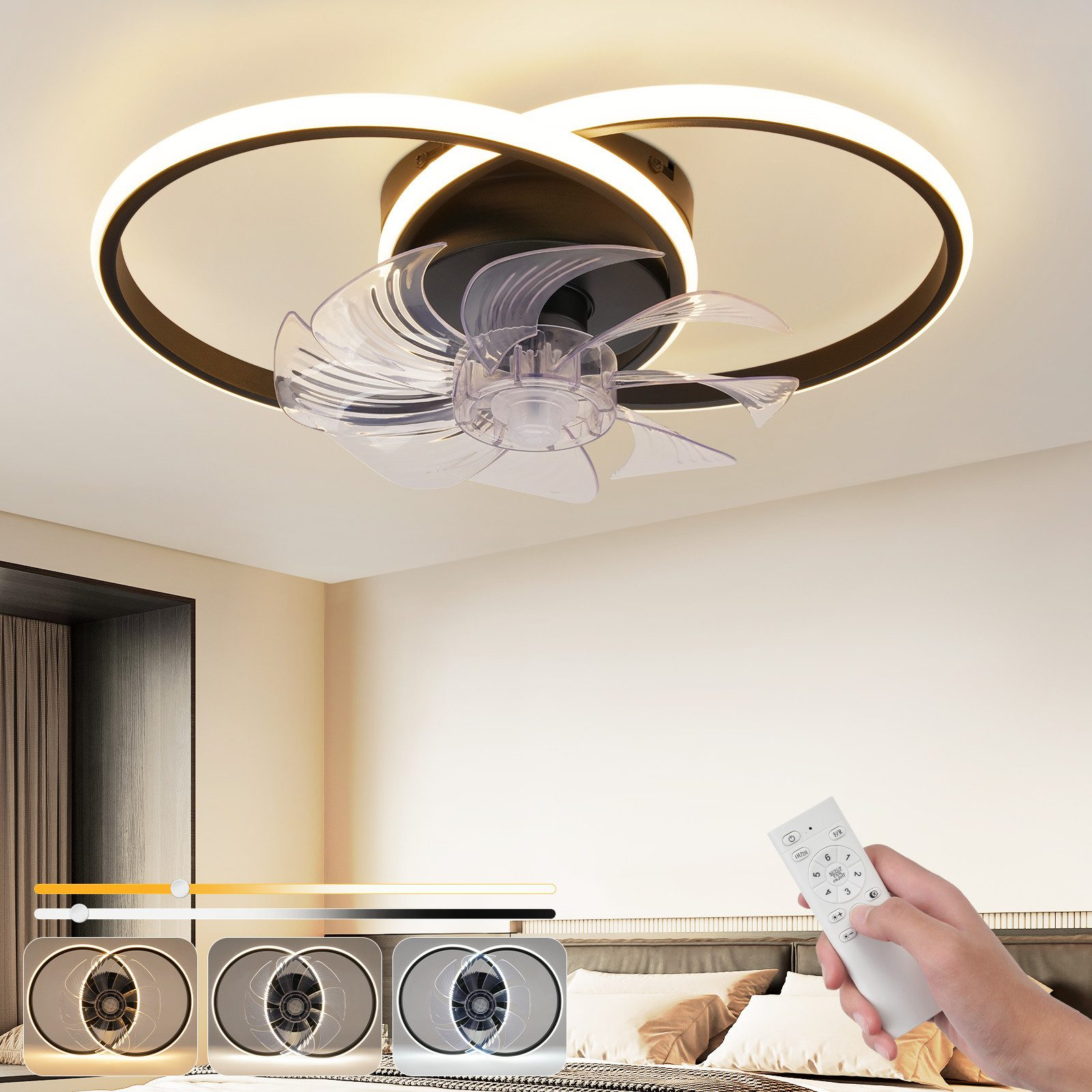 Ventilatore da soffitto con luci integrate. Telecomando in mano. Ambiente camera da letto. Impostazioni luce regolabili.