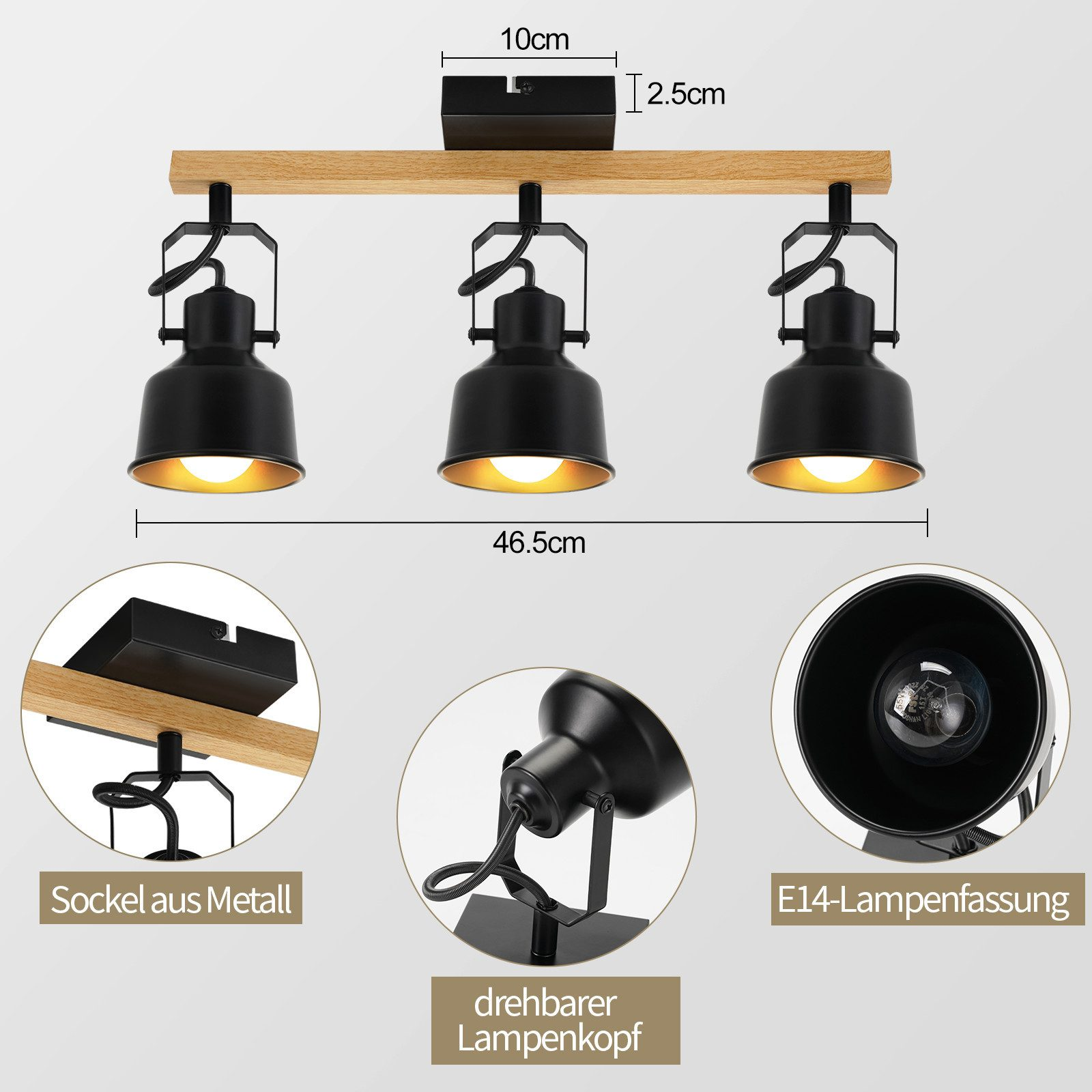 Tre faretti neri su trave in legno. Dimensioni fornite. Primi piani mostrano base metallica, testa rotante e attacco lampadina E14.