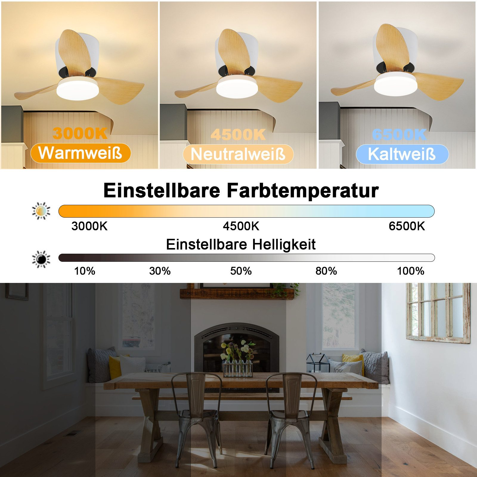 Un ventilatore a soffitto con temperatura colore e luminosità regolabili. Un tavolo da pranzo e sedie.