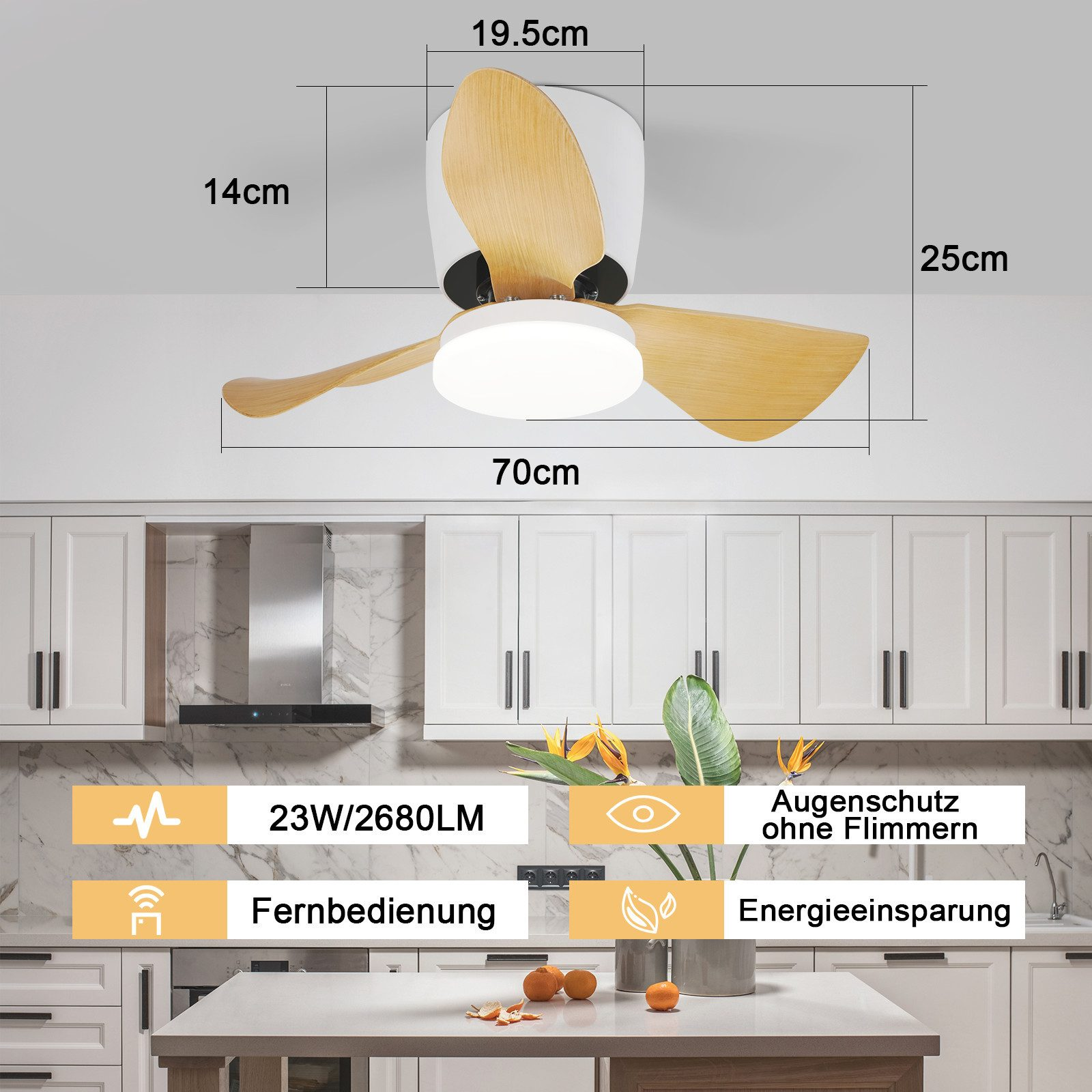 Un ventilatore a soffitto con pale in legno, le dimensioni sono indicate. Il ventilatore è appeso in una cucina, con mobili e un tavolo di fronte.