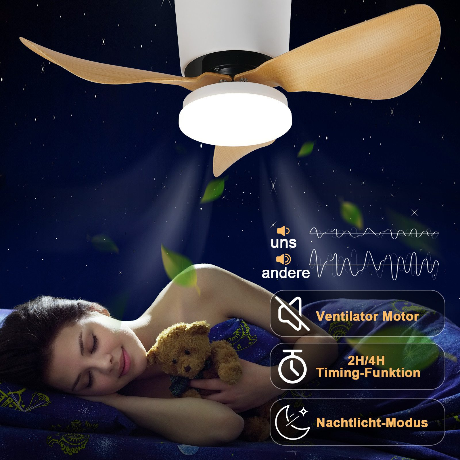 Una donna dorme sotto un ventilatore con pale di legno. Icone indicano motore, timer e modalità luce notturna.
