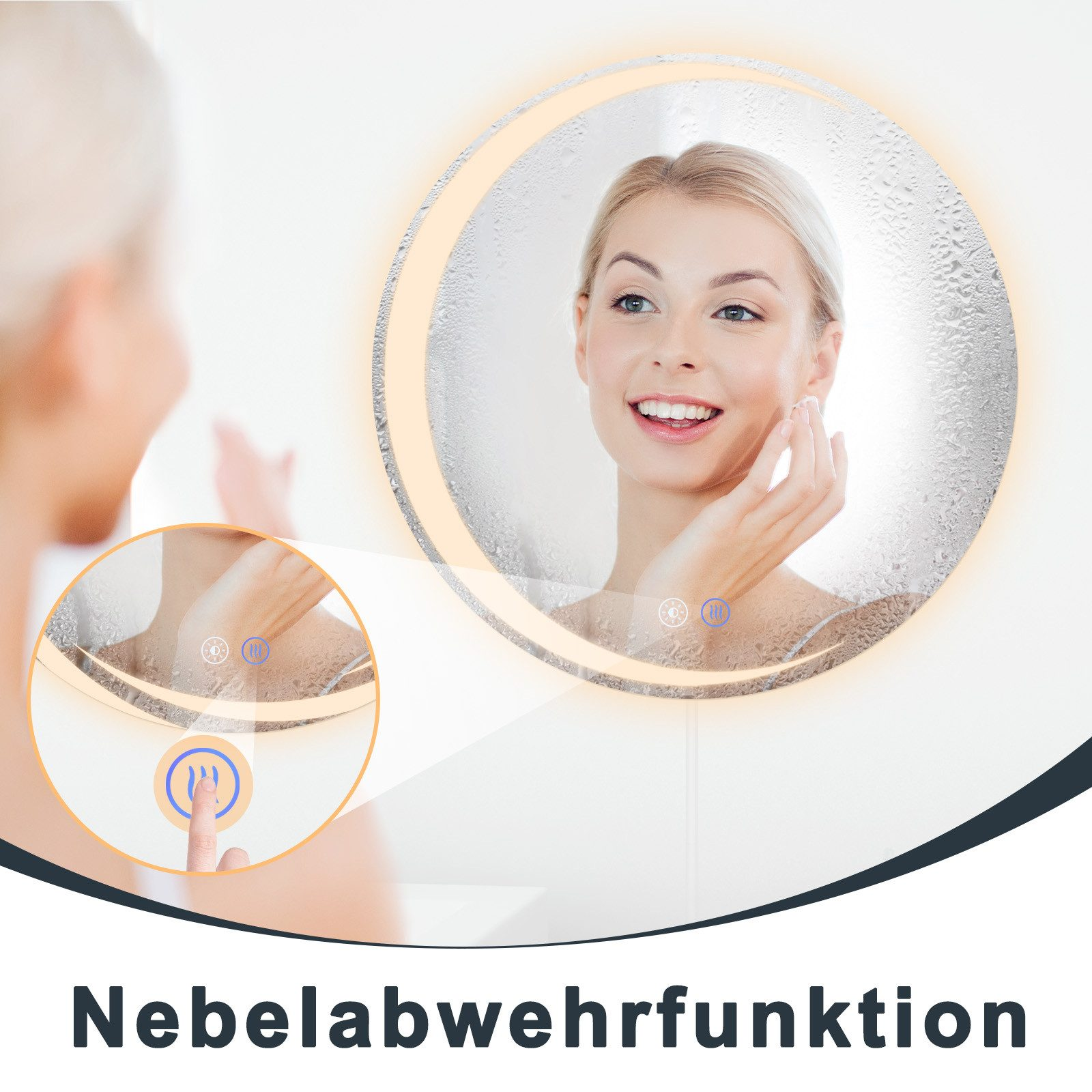 Kobieta dotyka twarzy przed podświetlanym lustrem. Tekst: 'Nebelabwehrfunktion'. Palec naciska przycisk na lustrze.