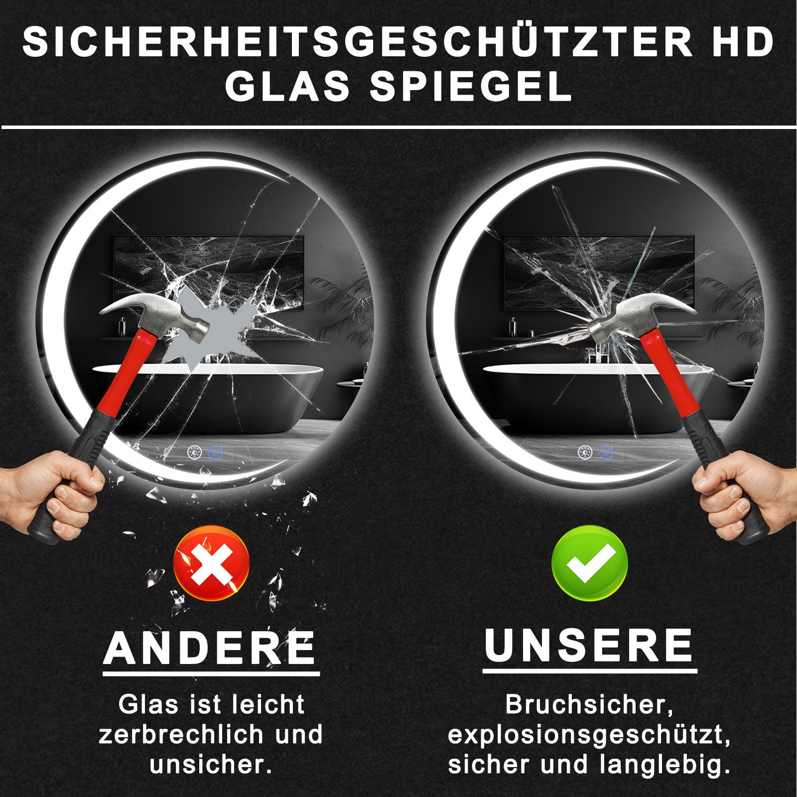 Obraz pokazuje porównanie luster. Jedno lustro rozpada się po uderzeniu, drugie pozostaje nienaruszone, z tekstem porównującym bezpieczeństwo.