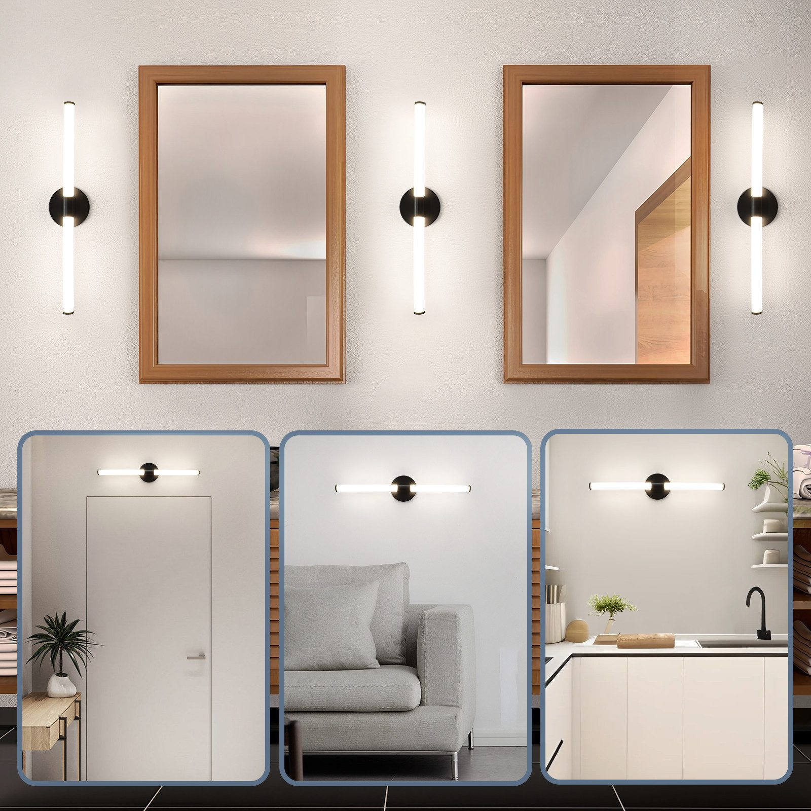 Lustra z drewnianymi ramami, lampy ścienne i różne sceny we wnętrzach: drzwi, sofa i kuchnia, wszystko w minimalistycznym stylu.