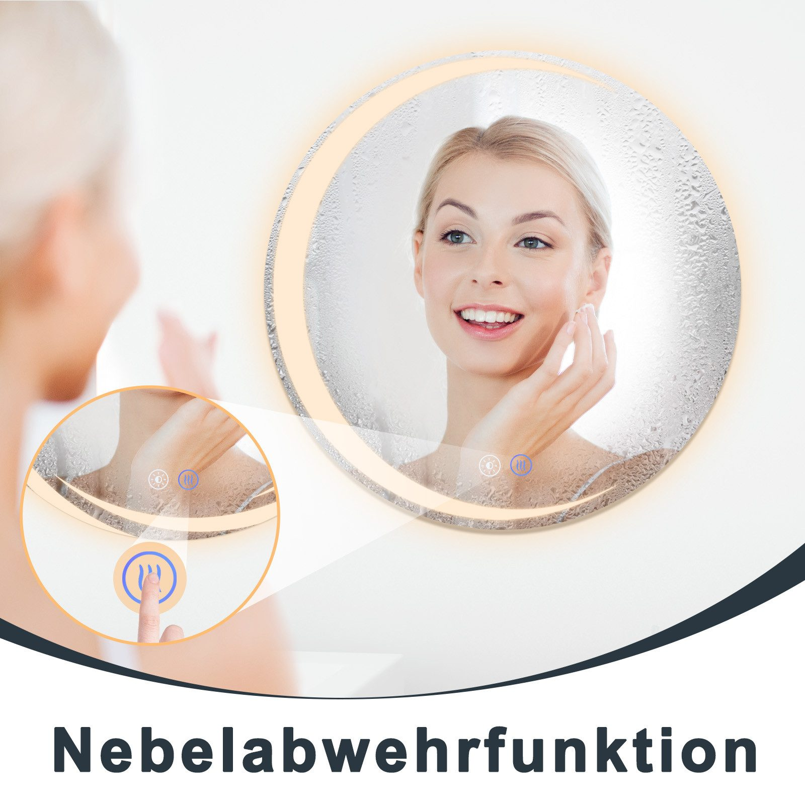 Kobieta przegląda się w lustrze. Palec dotyka panelu dotykowego. Lustro ma funkcję przeciwmgielną.