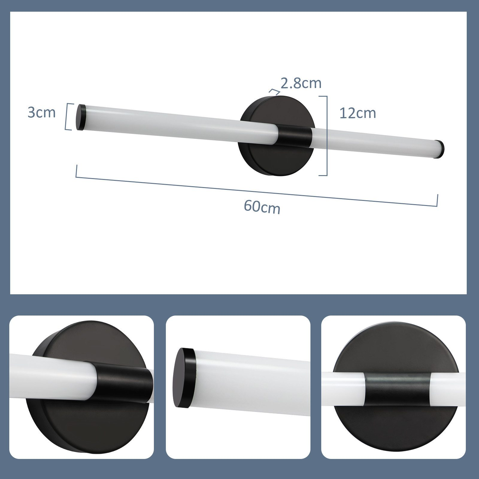 Nowoczesna, czarno-biała oprawa oświetleniowa LED. Wymiary: 60 cm długości, 12 cm szerokości oraz 3 cm i 2,8 cm dla innych części.