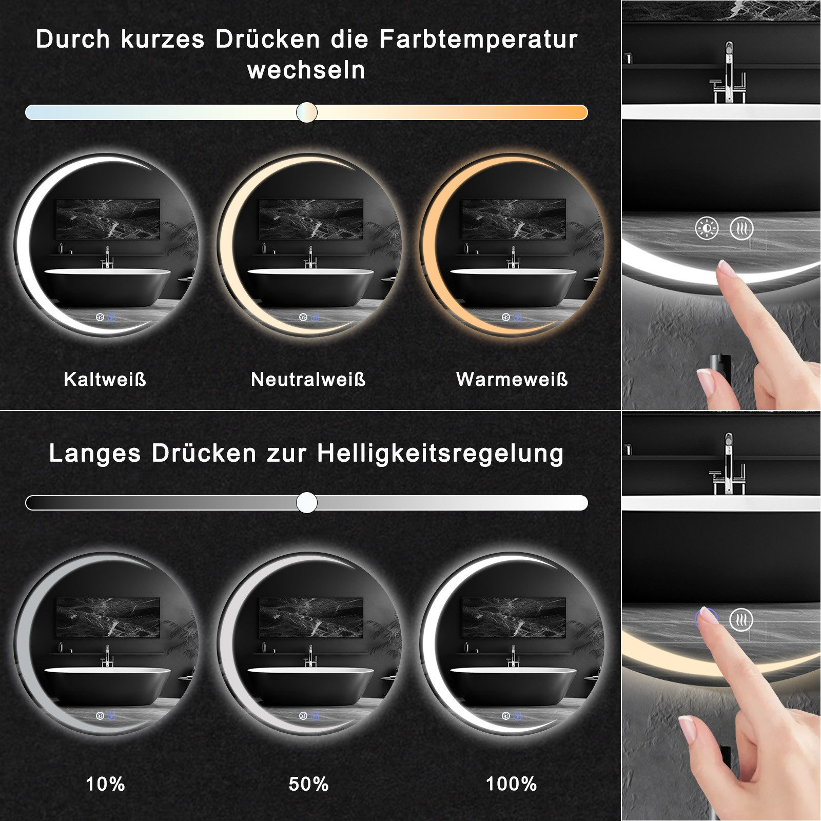 Obraz przedstawia kontrolki temperatury barw i jasności lustra. Wyświetla łazienkę i dłoń dotykającą lustra.