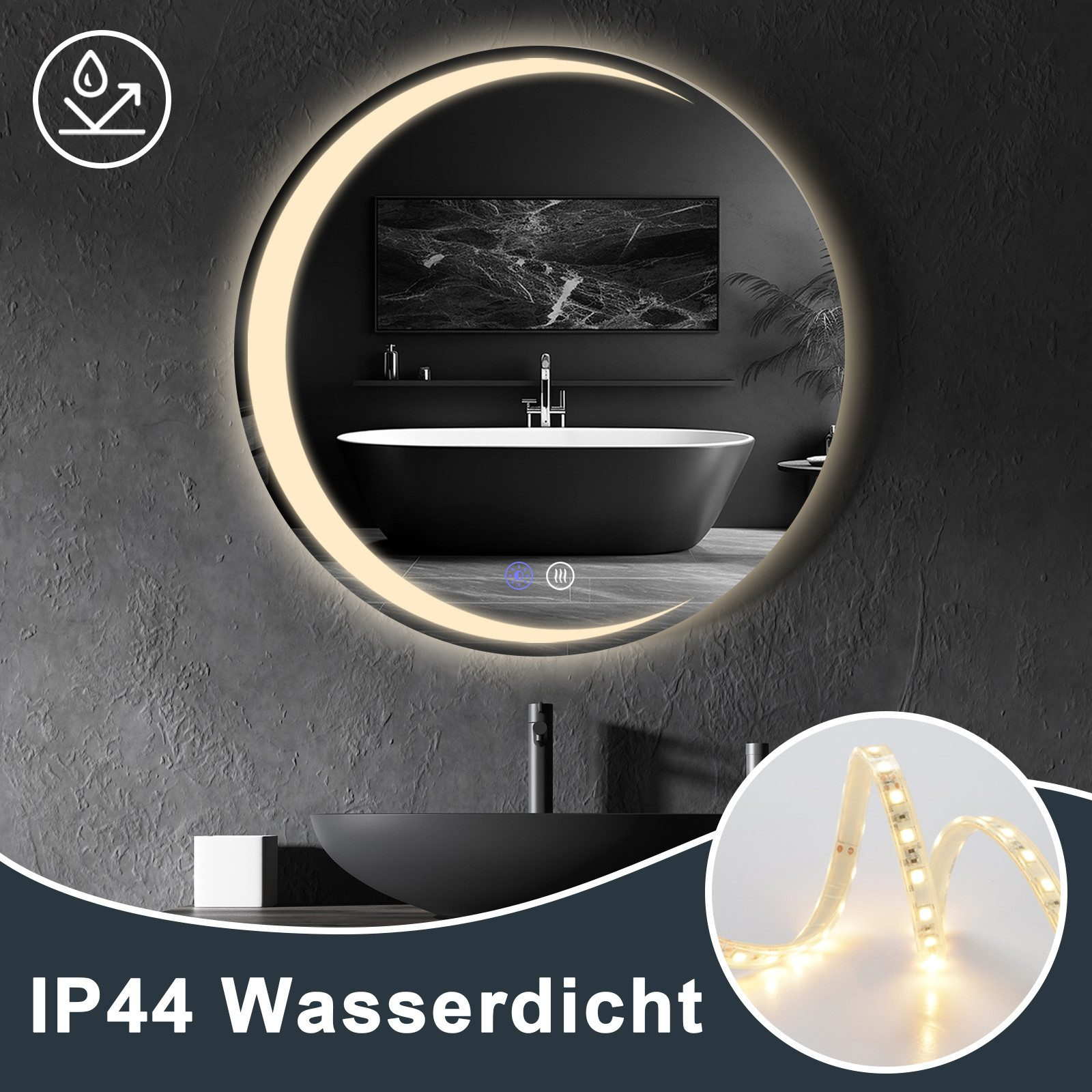 Podświetlane lustro z czarną umywalką i wanną. Pasek LED świeci w rogu. Tekst mówi IP44 Wasserdicht.