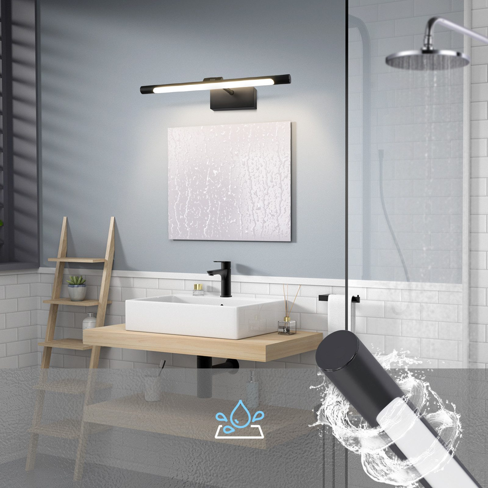 Scena di bagno con lavandino, specchio e doccia. Una luce nera è sopra lo specchio. Spruzzi d'acqua in primo piano.