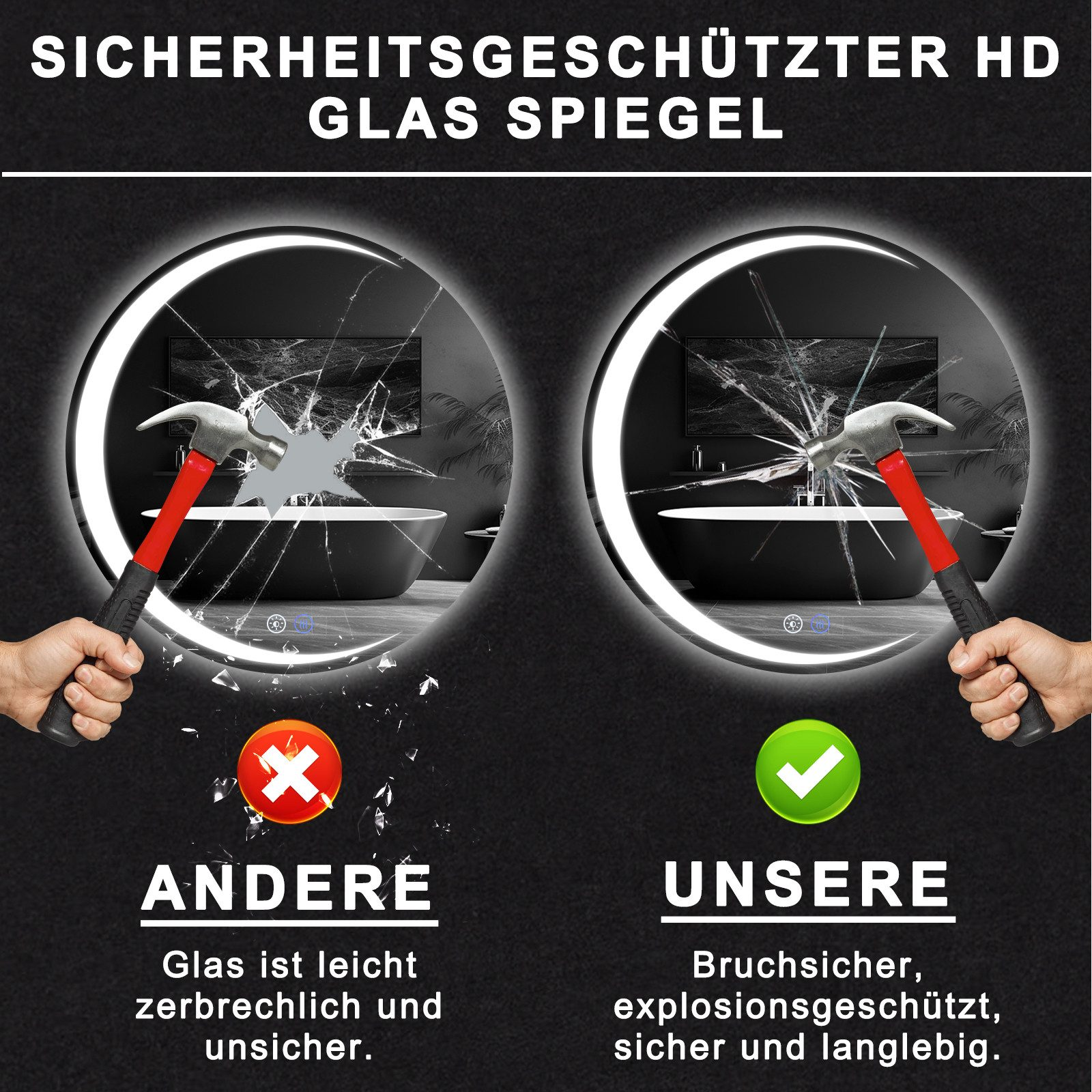 Obraz przedstawia pęknięte lustro uderzone młotkiem i znak wyboru obok nienaruszonego lustra.