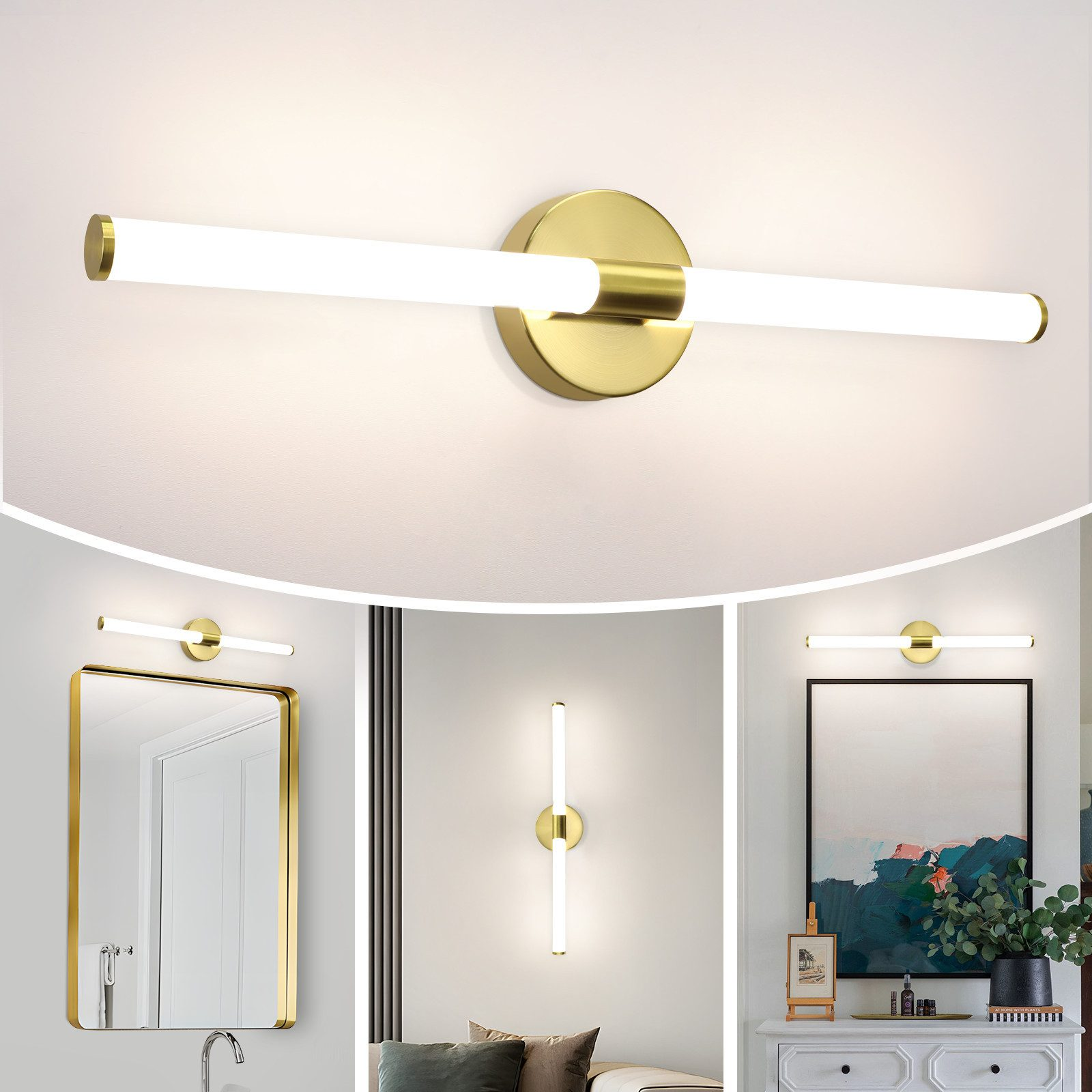 Una lampada da parete color oro con una luce bianca lunga. Diverse immagini mostrano la lampada in diverse ambientazioni, come sopra uno specchio.