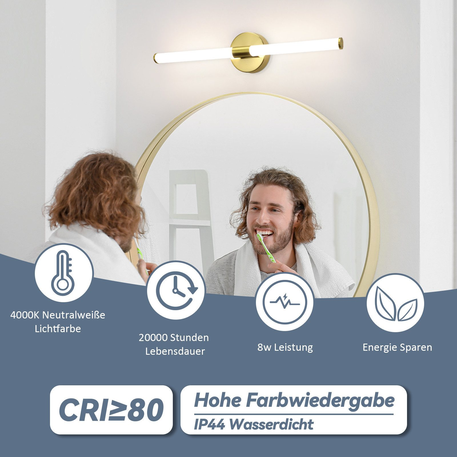 Uomo che si lava i denti nello specchio del bagno. Un apparecchio di illuminazione dorato è sopra lo specchio. Il testo include risparmio energetico e impermeabile.
