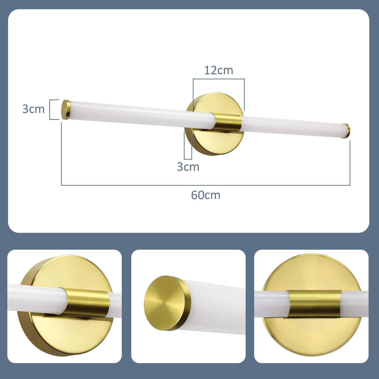 Una lampada da parete lineare con base circolare dorata e tubo luminoso bianco. Dimensioni indicate.