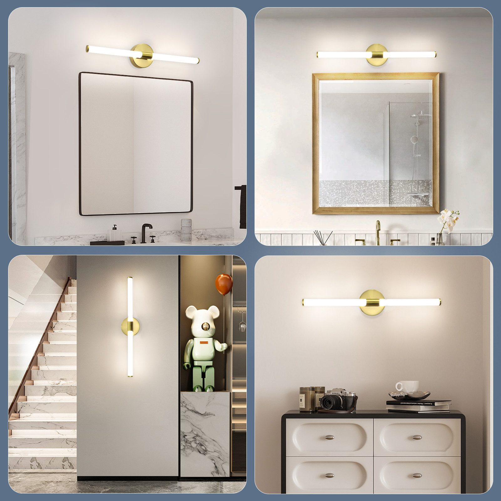 Quattro immagini con diverse scene di interni. Ognuna ha un apparecchio di illuminazione dorato. Le scene includono bagni, scale e un mobile.
