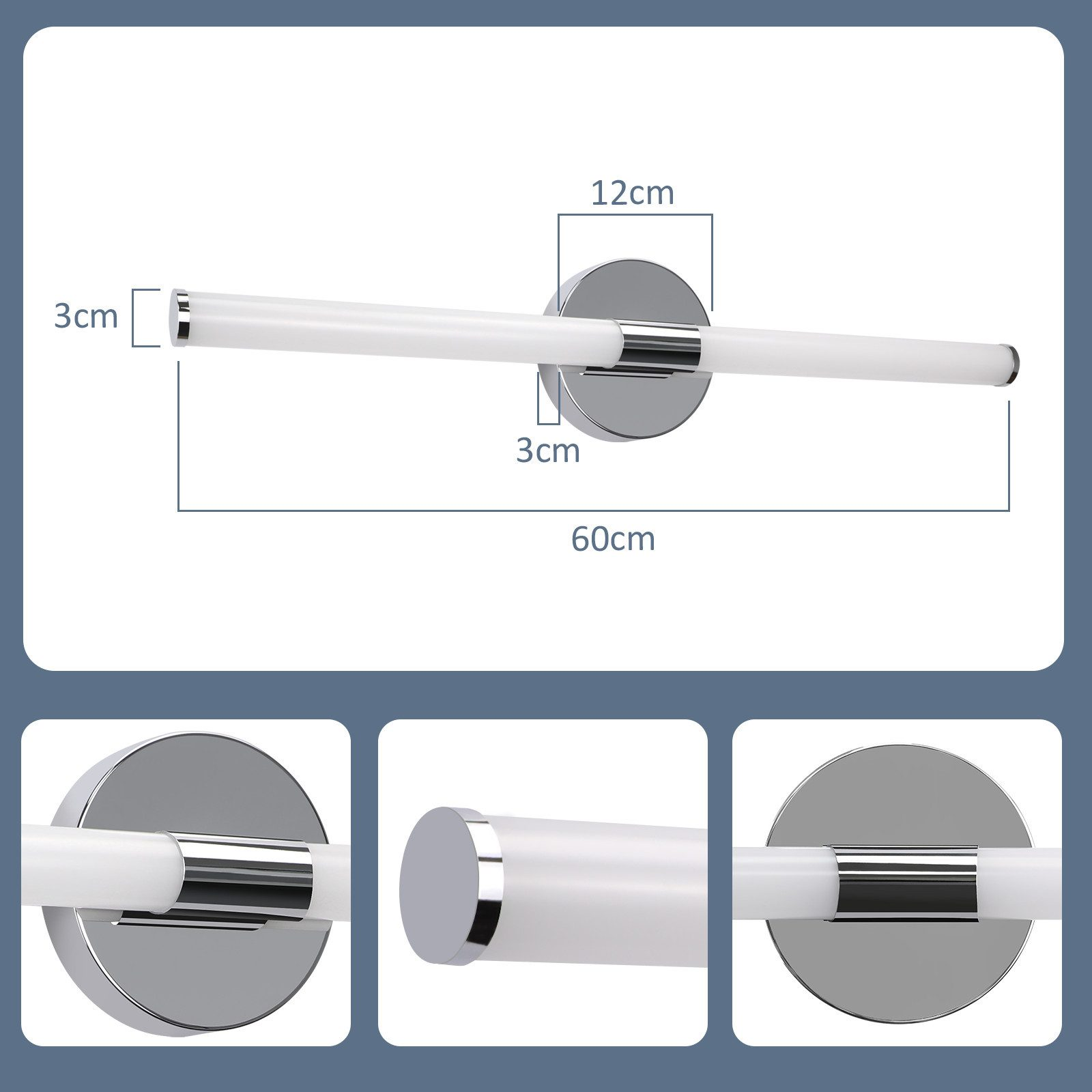 Un'applique a parete, le dimensioni sono indicate. È un apparecchio cromato con un lungo tubo luminoso bianco.