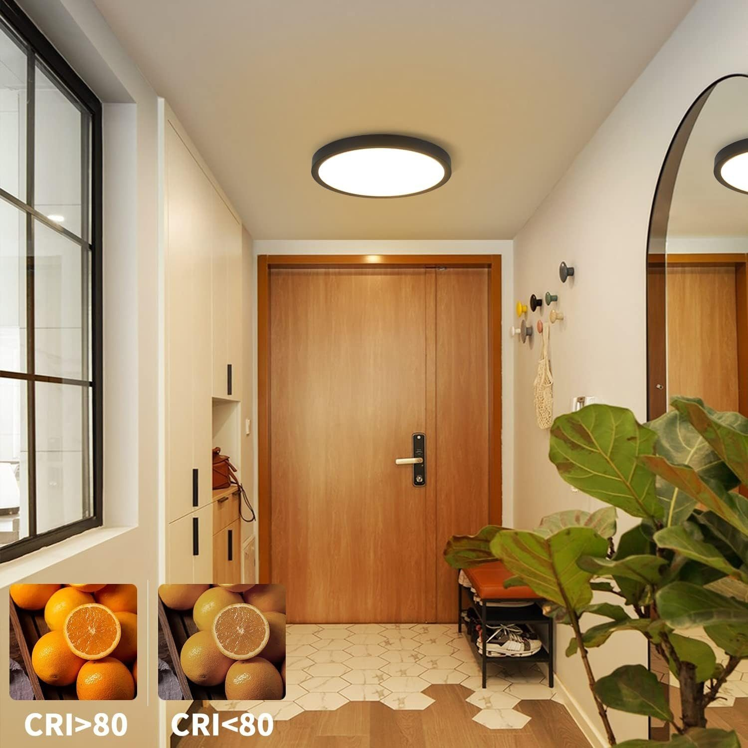 Corridoio con porta in legno, arance, uno specchio e una grande pianta verde. Una moderna plafoniera illumina la scena.