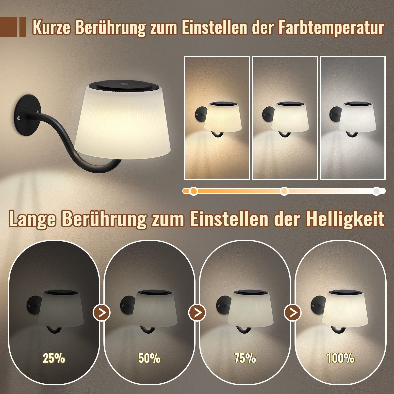 Lampada da parete con braccio nero e paralume bianco. Dimostra le impostazioni di colore e luminosità.