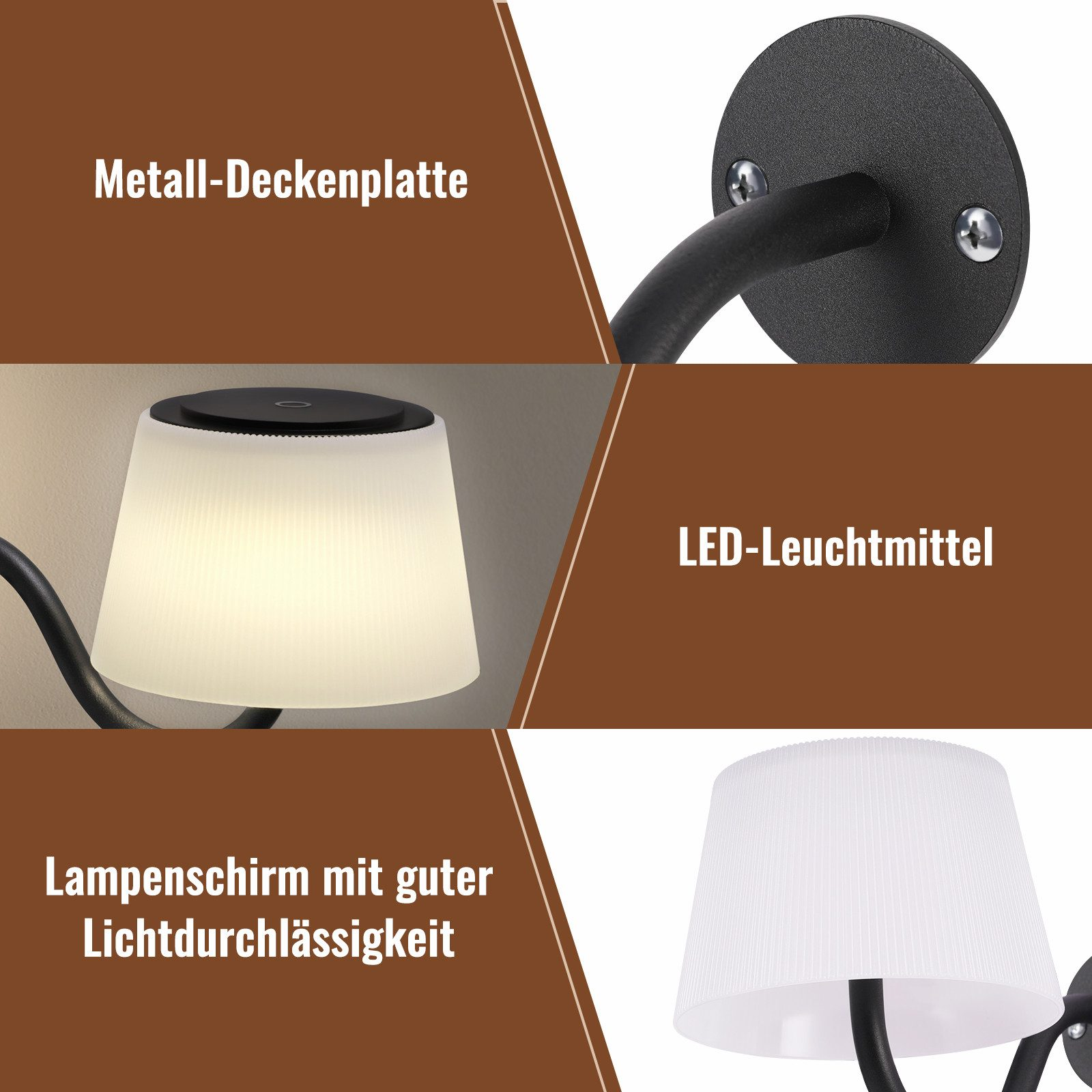 Una lampada con paralume bianco e base nera. La lampada ha una sorgente luminosa a LED e una piastra da soffitto in metallo.