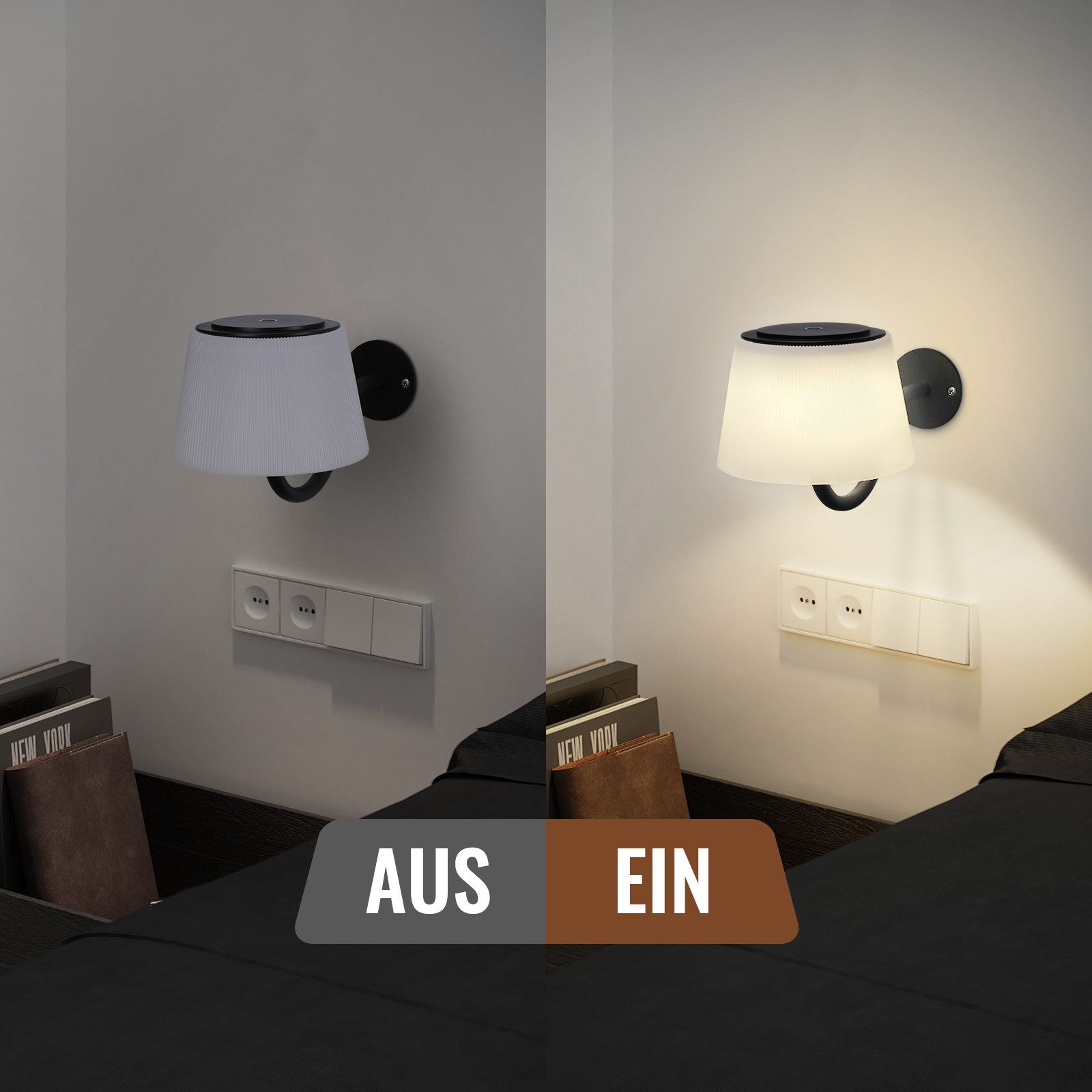 Una lampada da parete è raffigurata in due modalità: spenta (a sinistra) e accesa (a destra). La modalità accesa illumina la stanza.