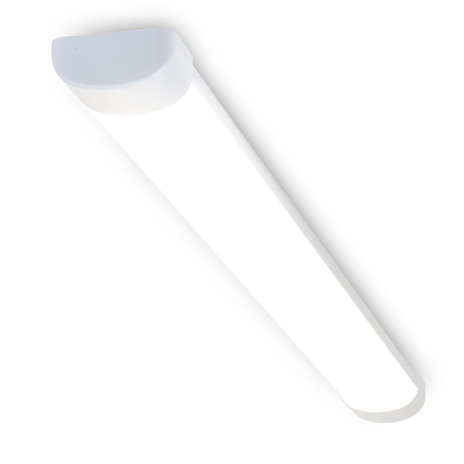 Biała, podłużna oprawa oświetleniowa LED ustawiona pod kątem na białym tle, rzucająca cień.