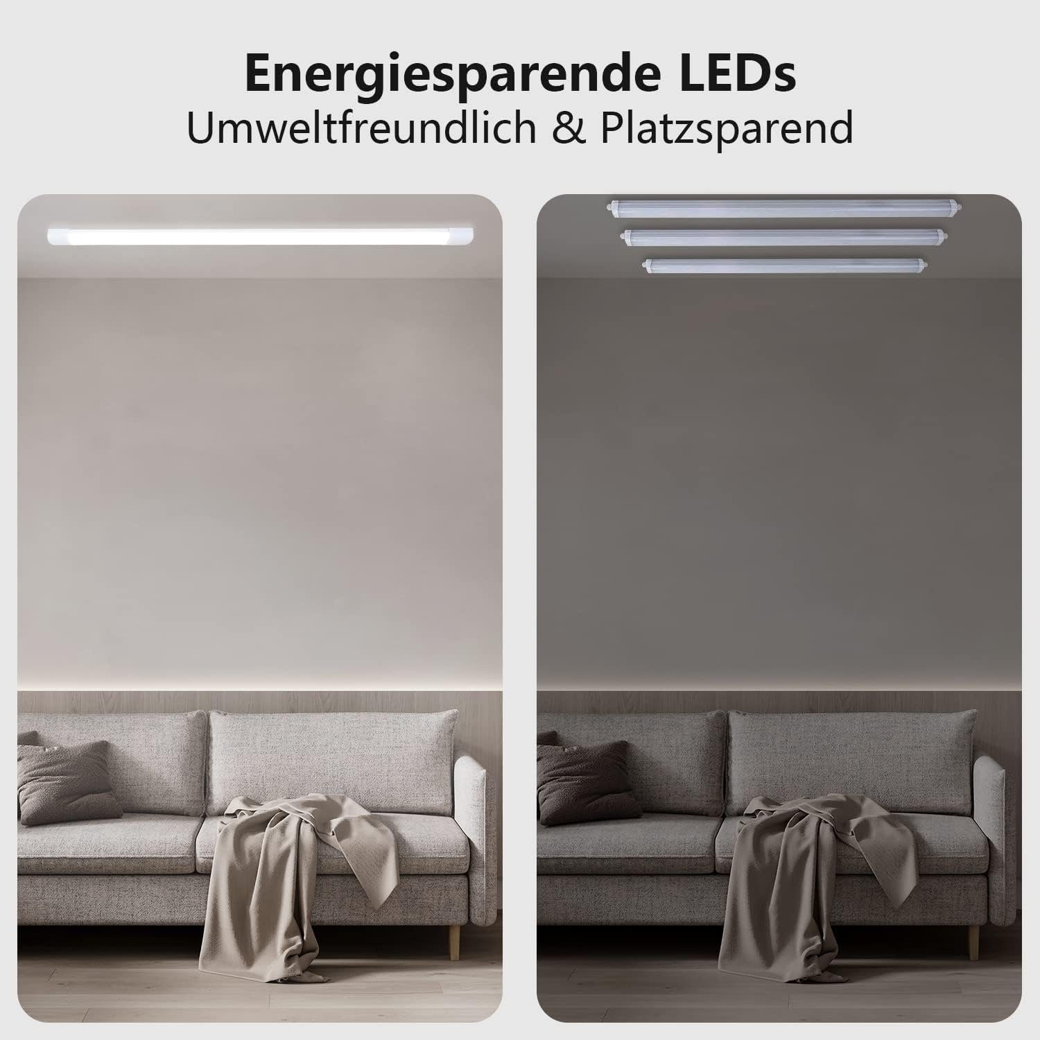 Dwa obrazy pokazujące światła LED. Jeden z pojedynczym światłem, drugi z trzema. Oba mają sofę, koc i poduszki poniżej.