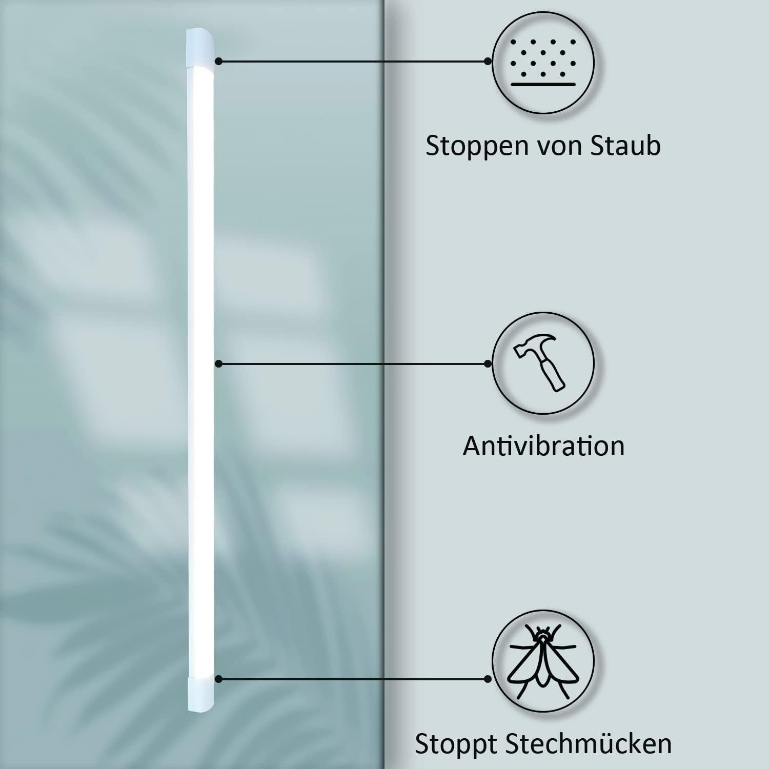 Obraz przedstawia biały pasek świetlny z trzema ikonami wskazującymi na ochronę przed kurzem, antywibrację i odstraszanie komarów.