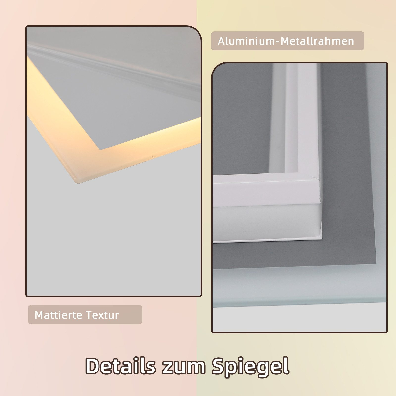 Szczegóły lustra, podzielony ekran. Jeden pokazuje krawędź z aluminiową ramą. Drugi pokazuje matową teksturę i słowa 'Details zum Spiegel'.