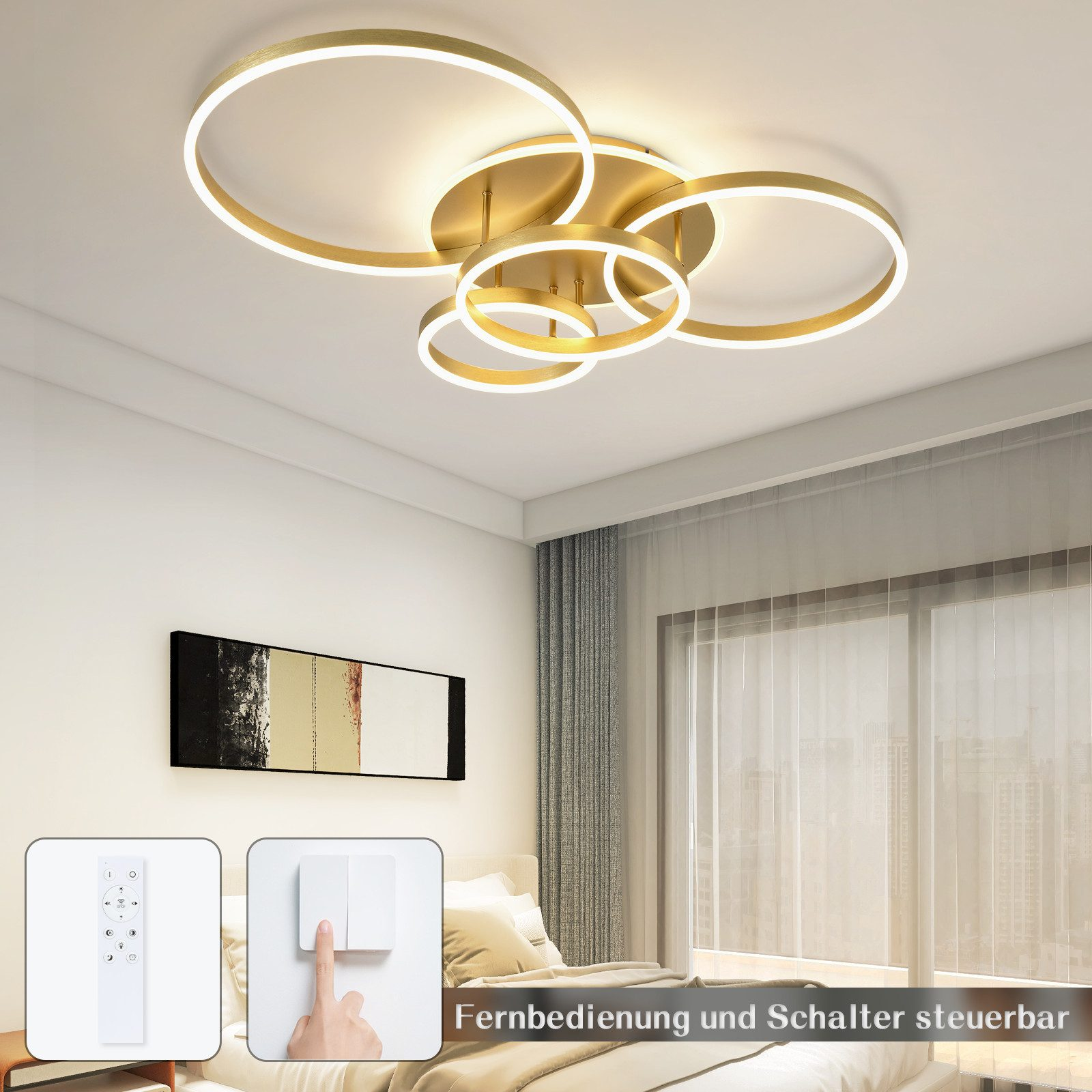 Lampada da soffitto con anelli dorati. Sotto sono mostrati un telecomando e un interruttore. Il testo dice 'Telecomando e interruttore controllabile'.