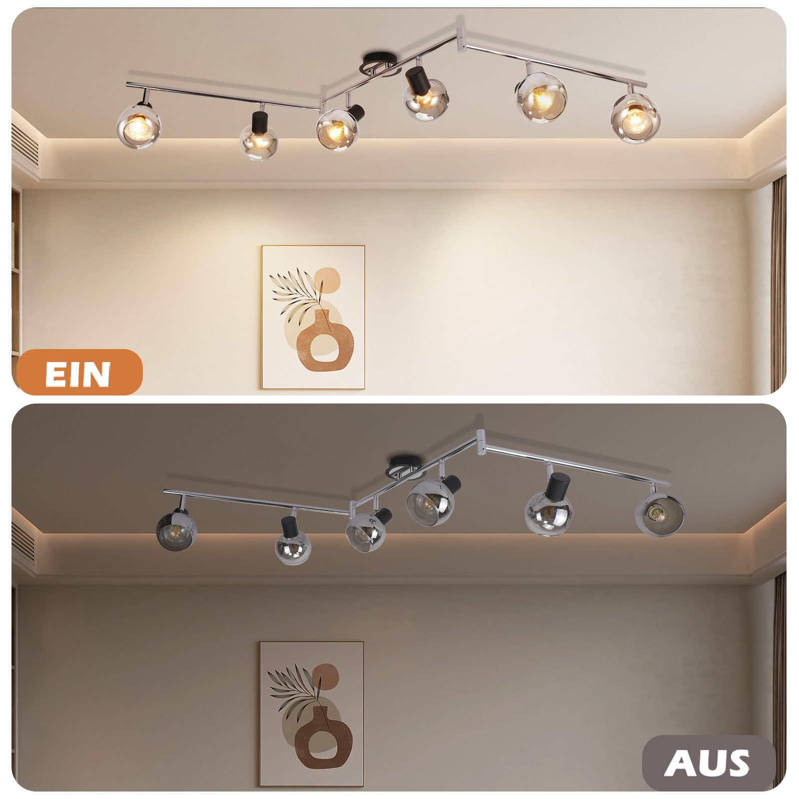 Luci a soffitto accese e spente. Acceso: luci brillanti. Spento: luci fioche. Opera d'arte sulla parete. Etichette di testo.