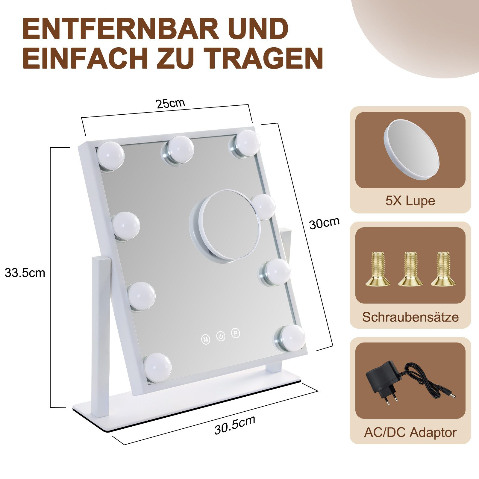 Biała ramka LED lusterka do makijażu z wymiarami. Zawiera lusterko powiększające 5X, śruby i adapter AC/DC.