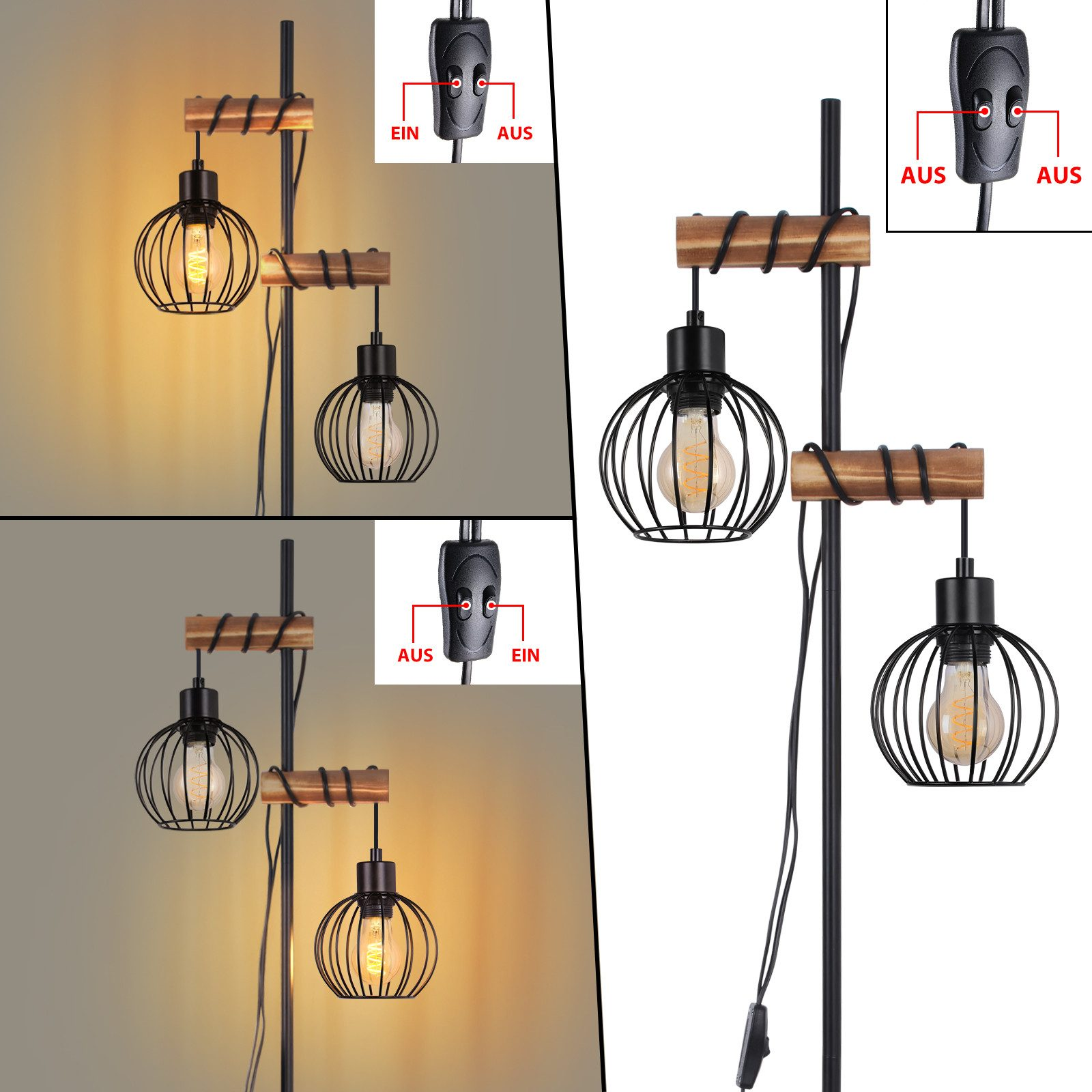 Lampada da terra nera con due paralumi a gabbia. Dettagli in legno e interruttore con 'EIN' e 'AUS'.