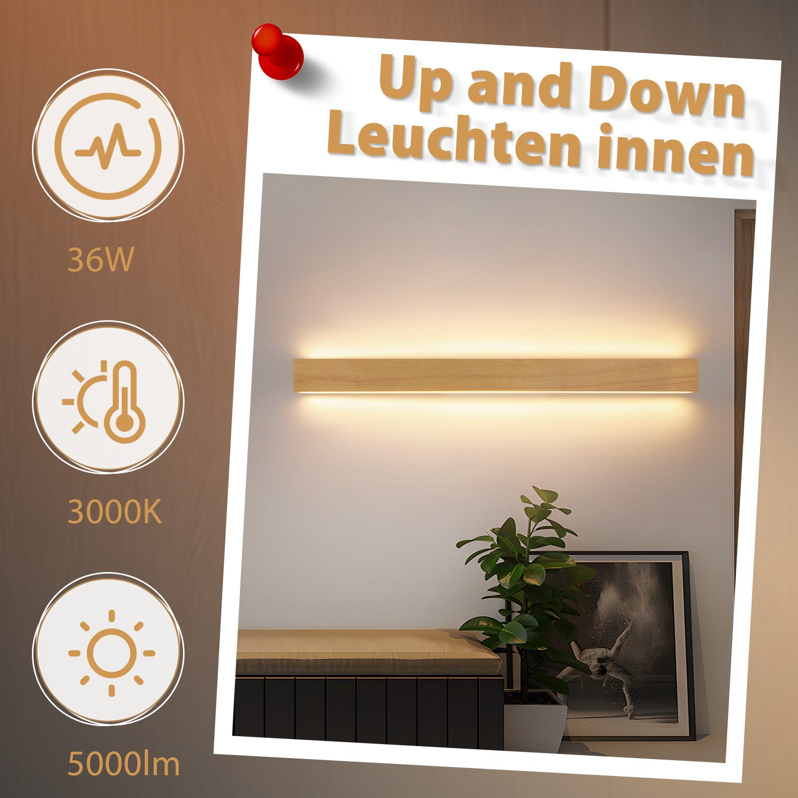 Świeci drewniana lampa ścienna. Tekst na białej karcie brzmi 'Up and Down Leuchten innen'. Informacje po lewej: 36W, 3000K, 5000lm.