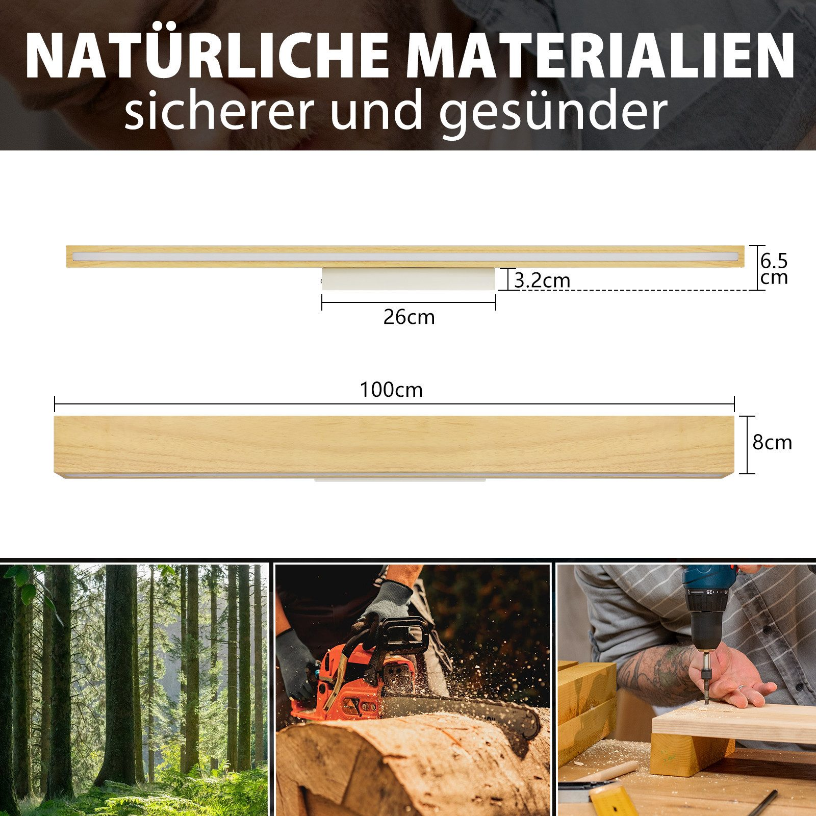 Diagramy pokazują drewniane deski z wymiarami oraz scenę leśną, osobę używającą piły łańcuchowej i osobę używającą wiertarki.