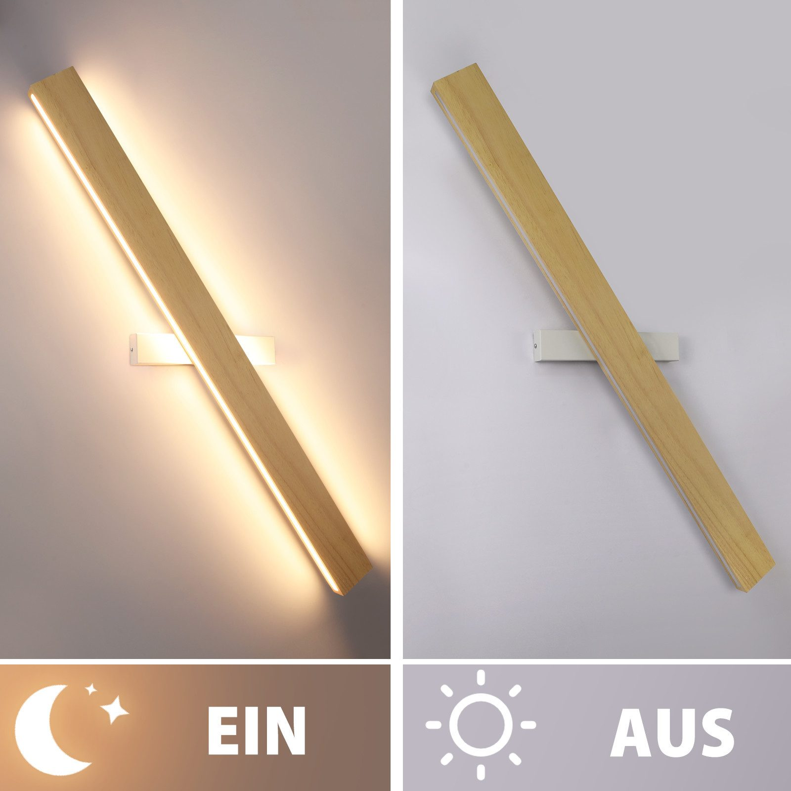 Drewniana lampa LED jest włączona i wyłączona. Stan włączenia ma symbol księżyca, a stan wyłączenia symbol słońca. Lampa jest na białej ścianie.