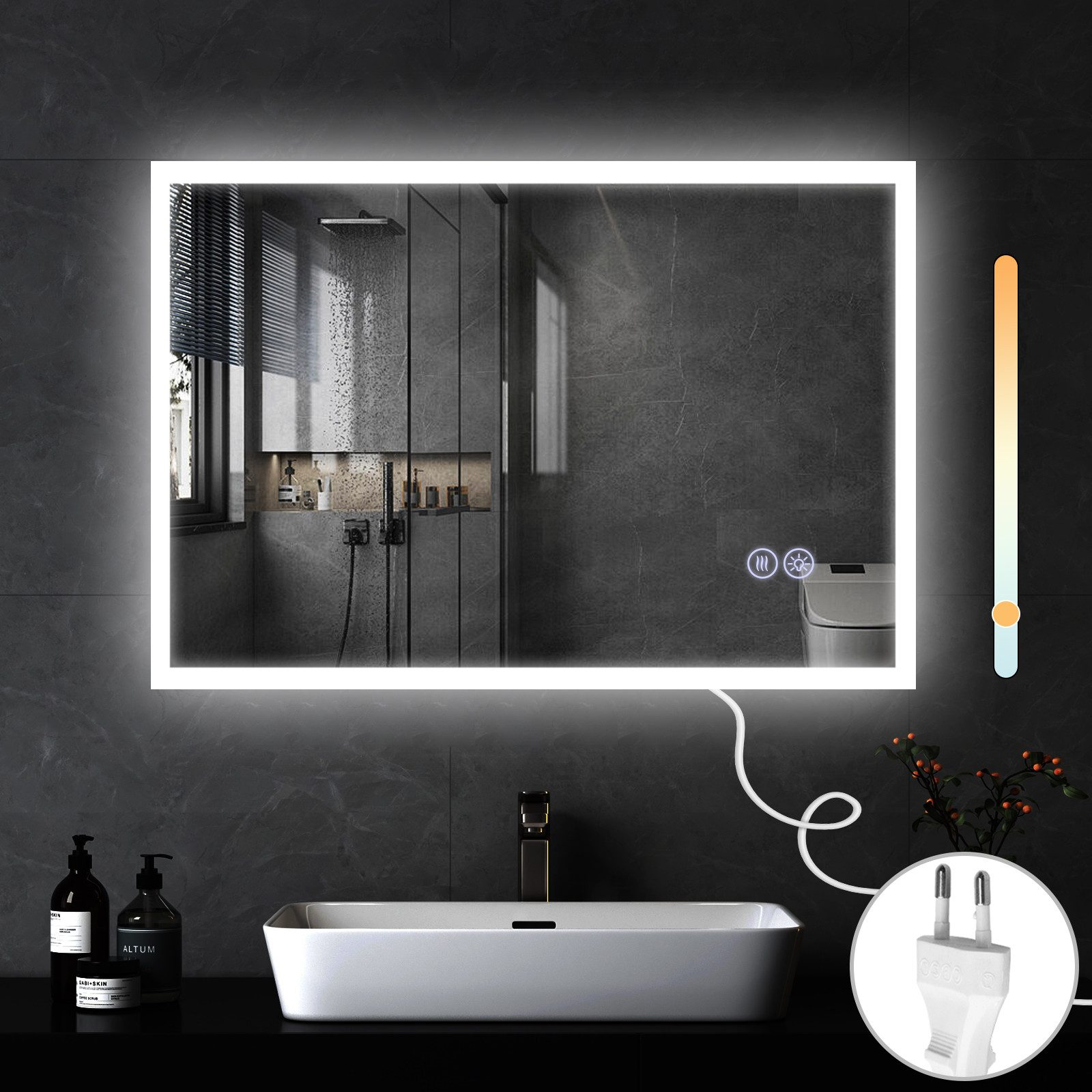 Bagno moderno con specchio illuminato, lavandino e doccia. Muri grigio scuro. Include presa elettrica e comandi touch.