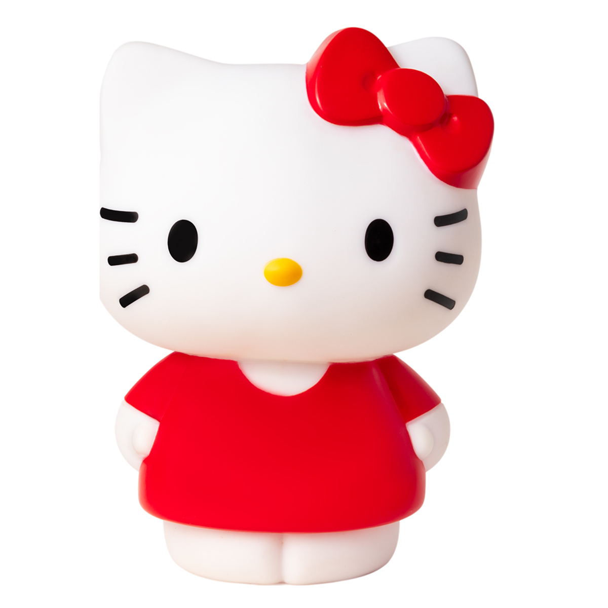 Figura di Hello Kitty. Testa bianca con fiocco rosso, occhi neri e naso giallo. Indossa un vestito rosso.