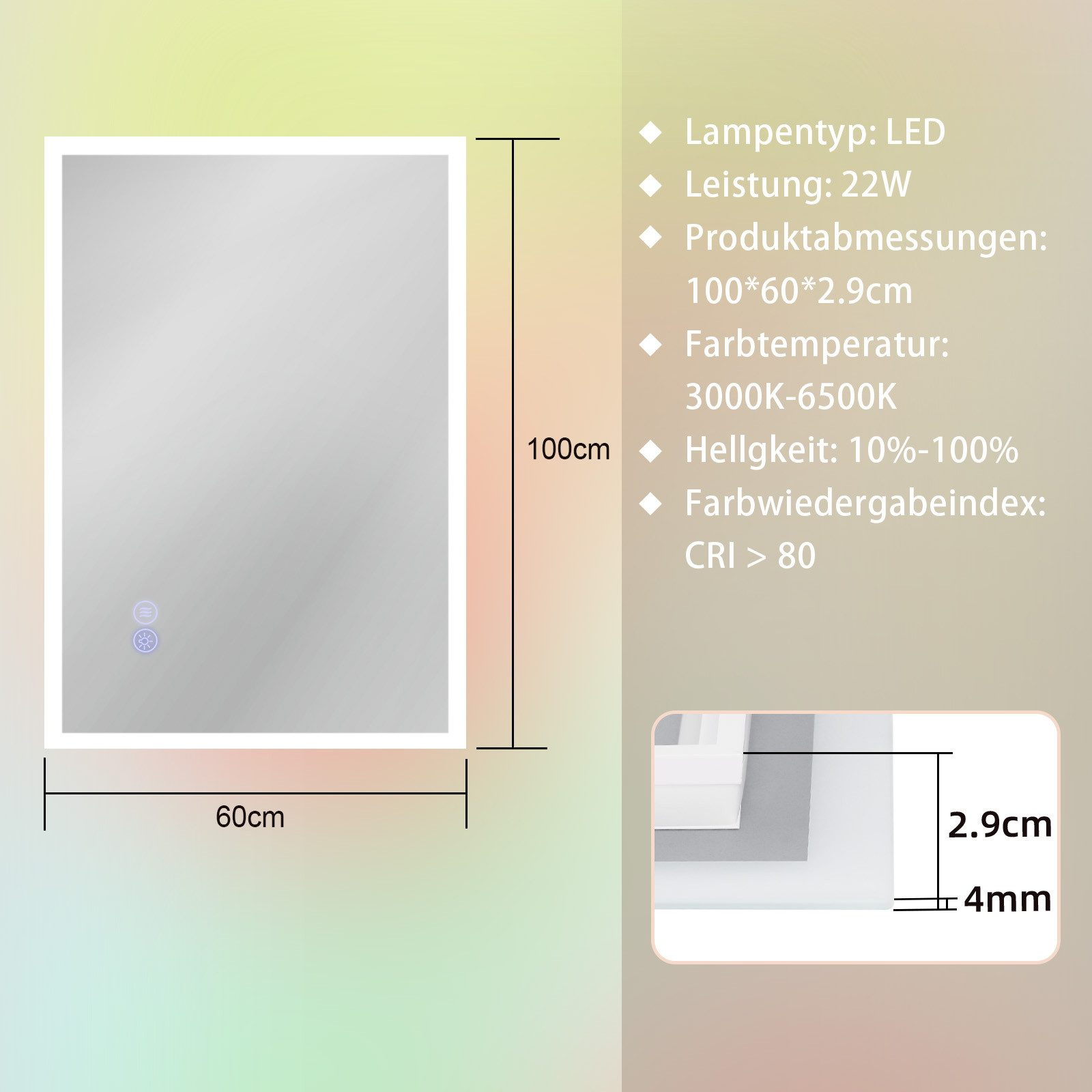 Uno specchio rettangolare con dimensioni segnate. Il testo a destra descrive le specifiche della lampada LED, tra cui dimensioni e temperatura colore.