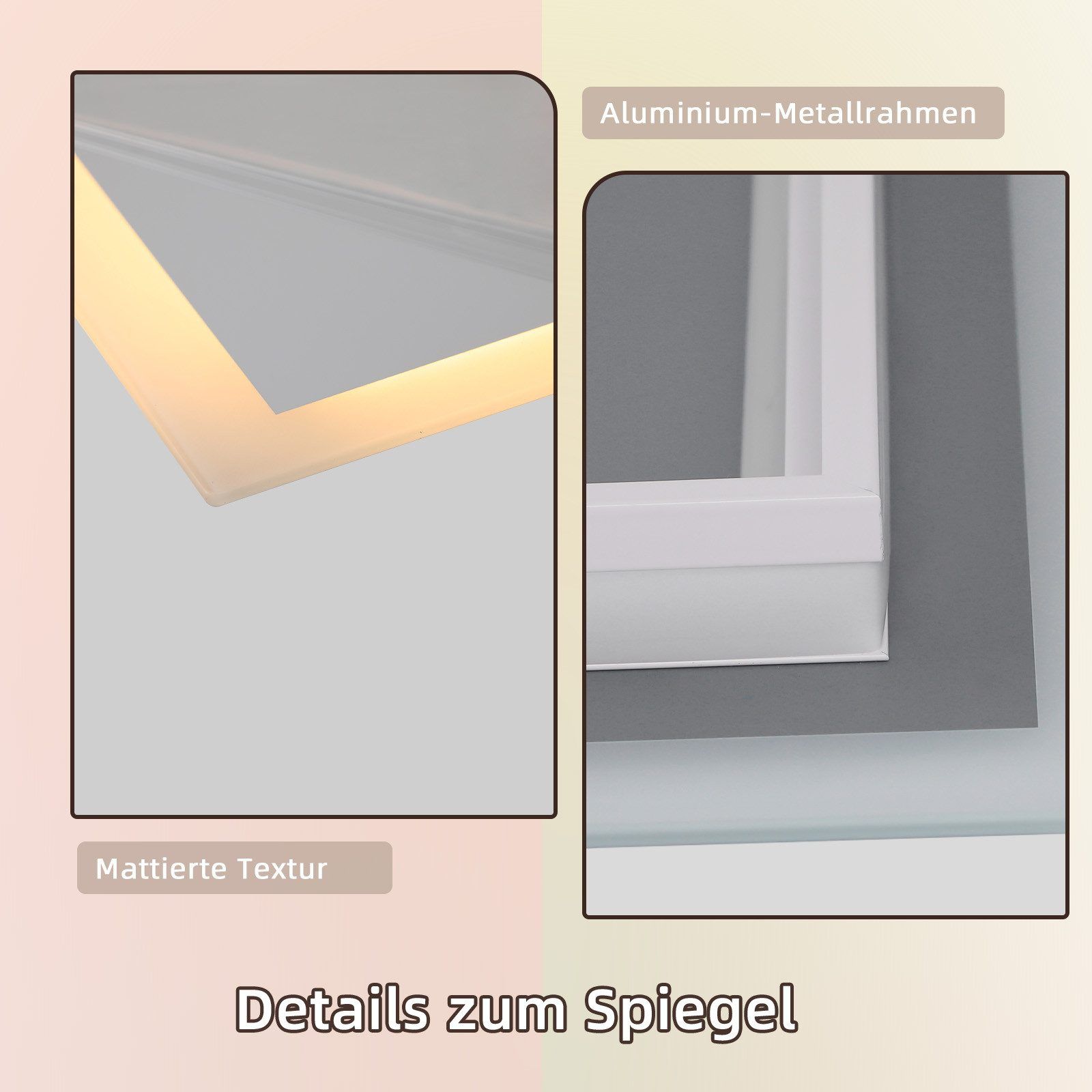 Immagine dettagli di uno specchio. A sinistra bordo illuminato, a destra cornice e sfondo grigio. Testo: Dettagli dello specchio.