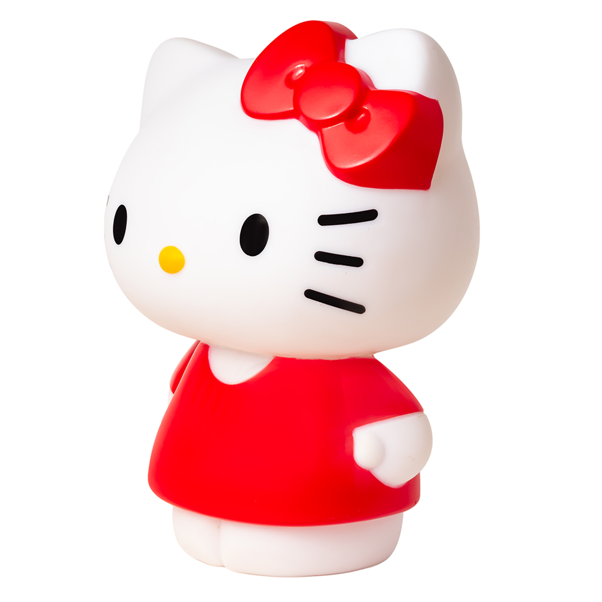 Statuina di Hello Kitty. Gatto bianco con fiocco e vestito rossi. Occhi e baffi neri, naso giallo. Su sfondo bianco.